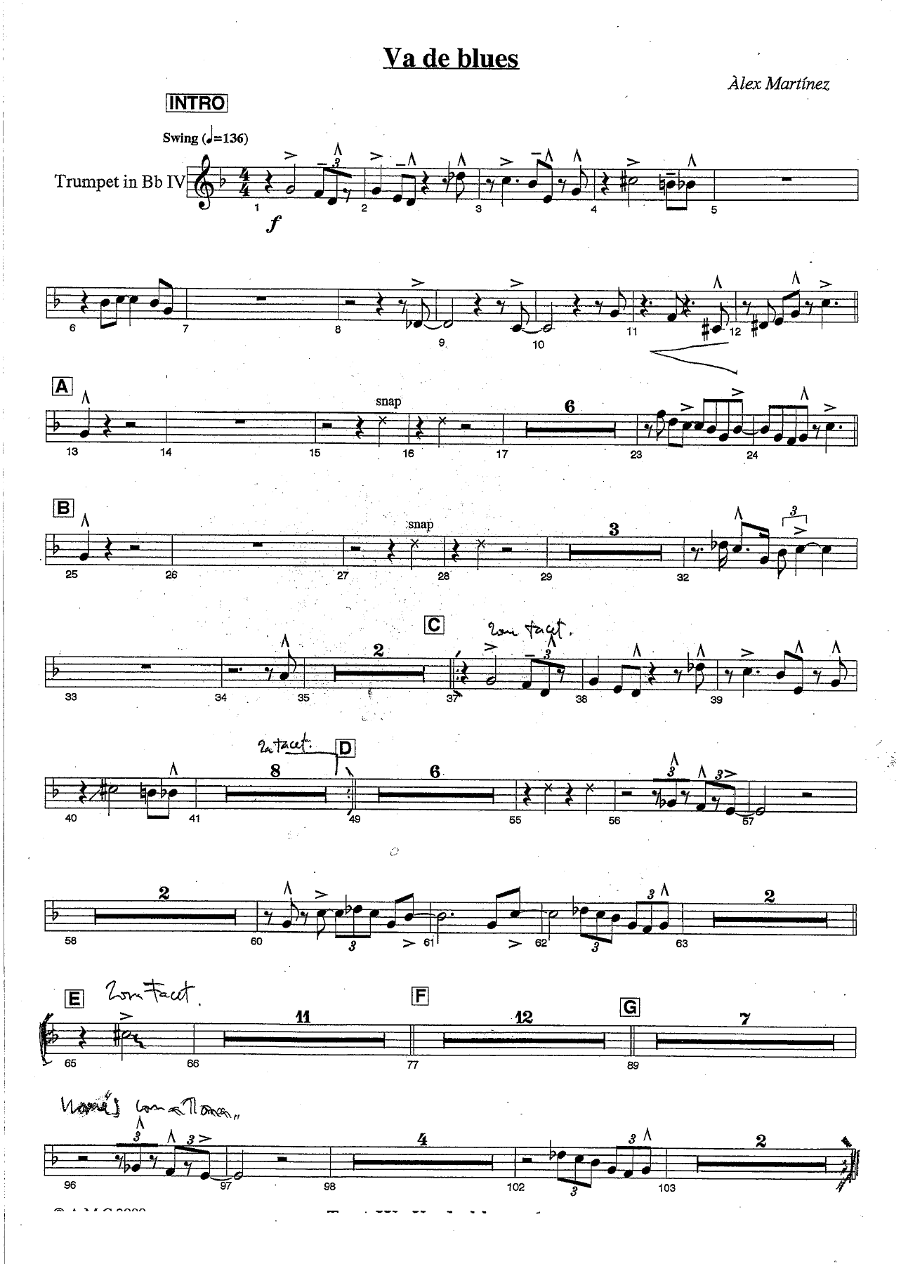 Va de blues Trumpet — sheet music cover (first page)