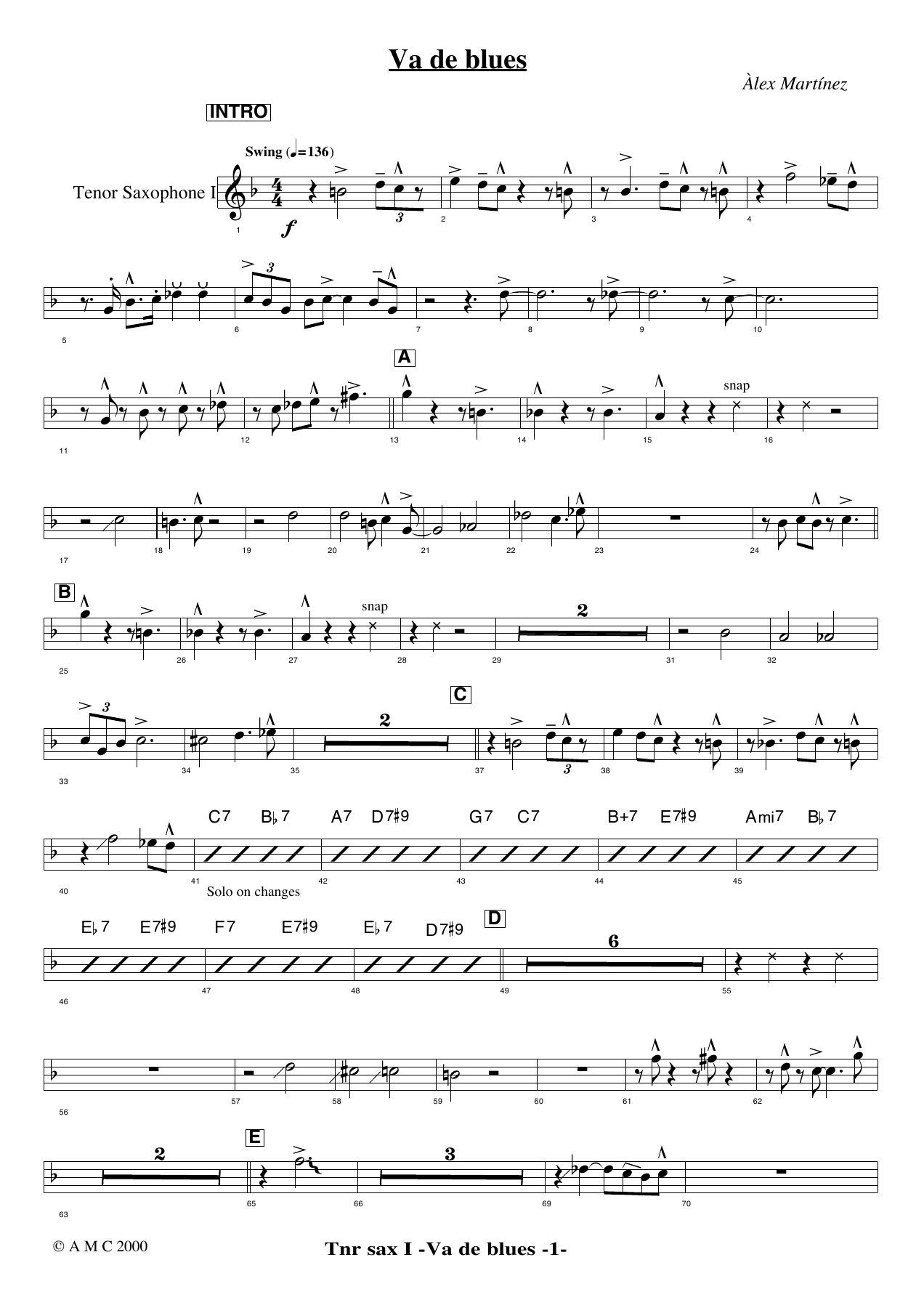 Va de blues Tenor — sheet music cover (first page)