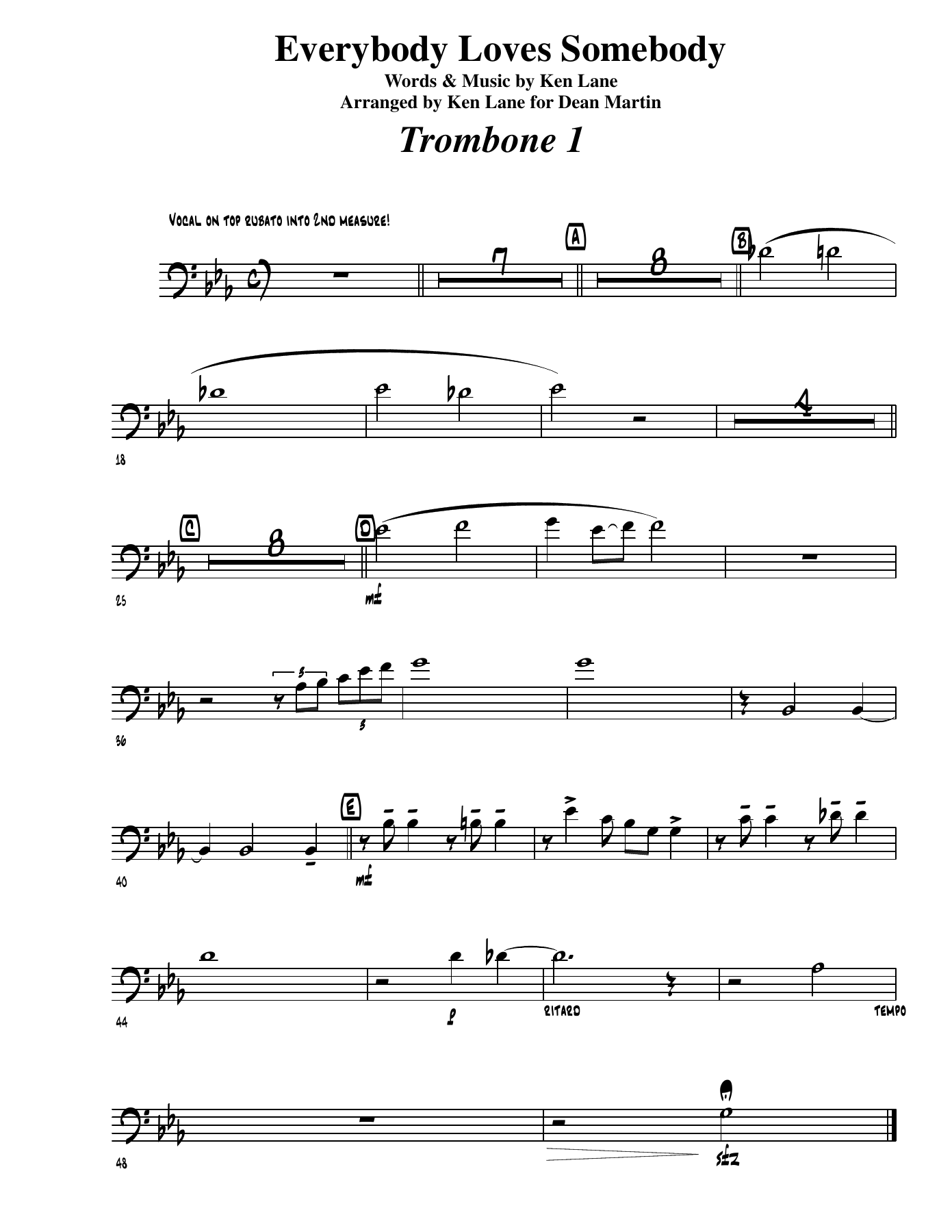 Everybody Loves Somebody - Trombone — big_band_vocal sheet music arranged by Ken Lane | Pop