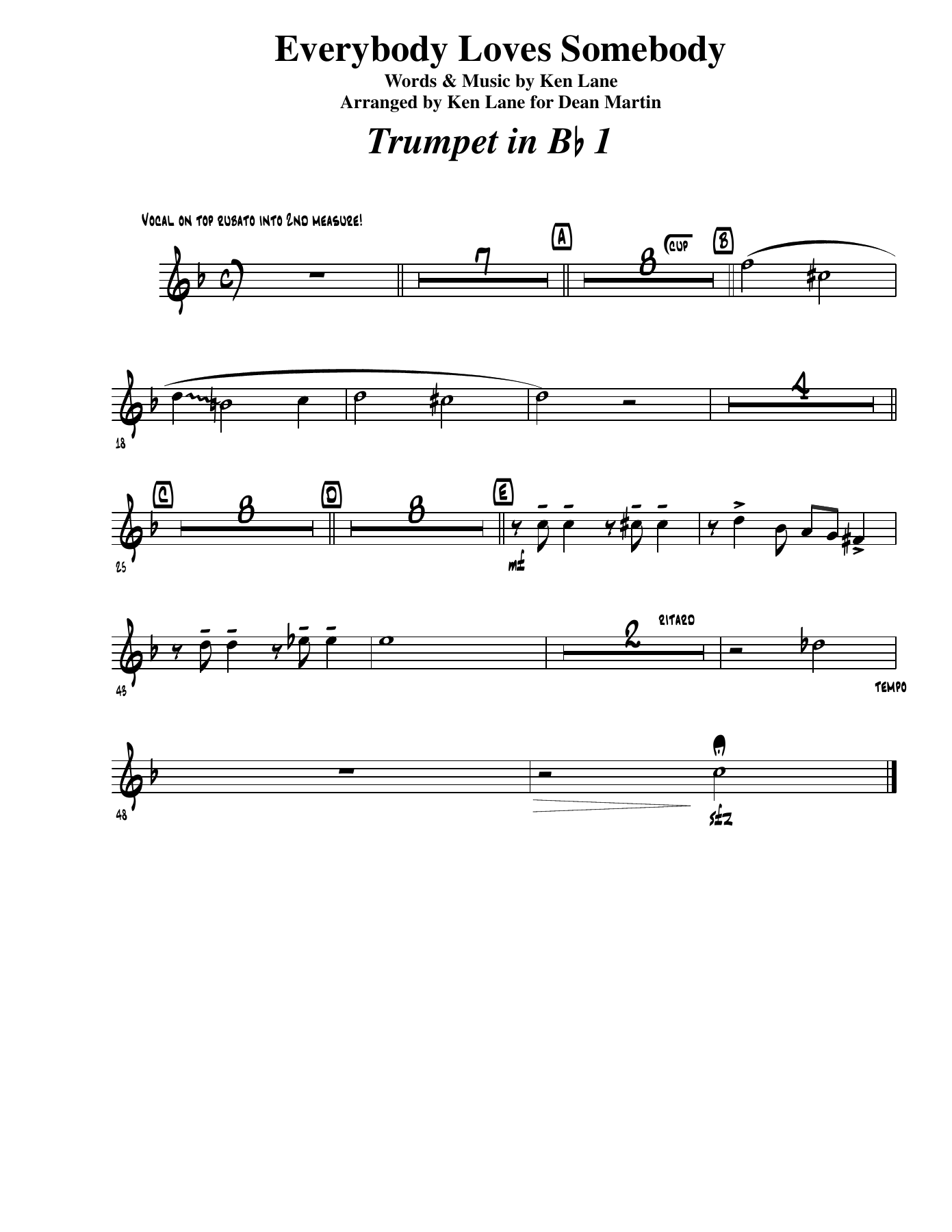 Everybody Loves Somebody - Trumpet — big_band_vocal sheet music arranged by Ken Lane | Pop