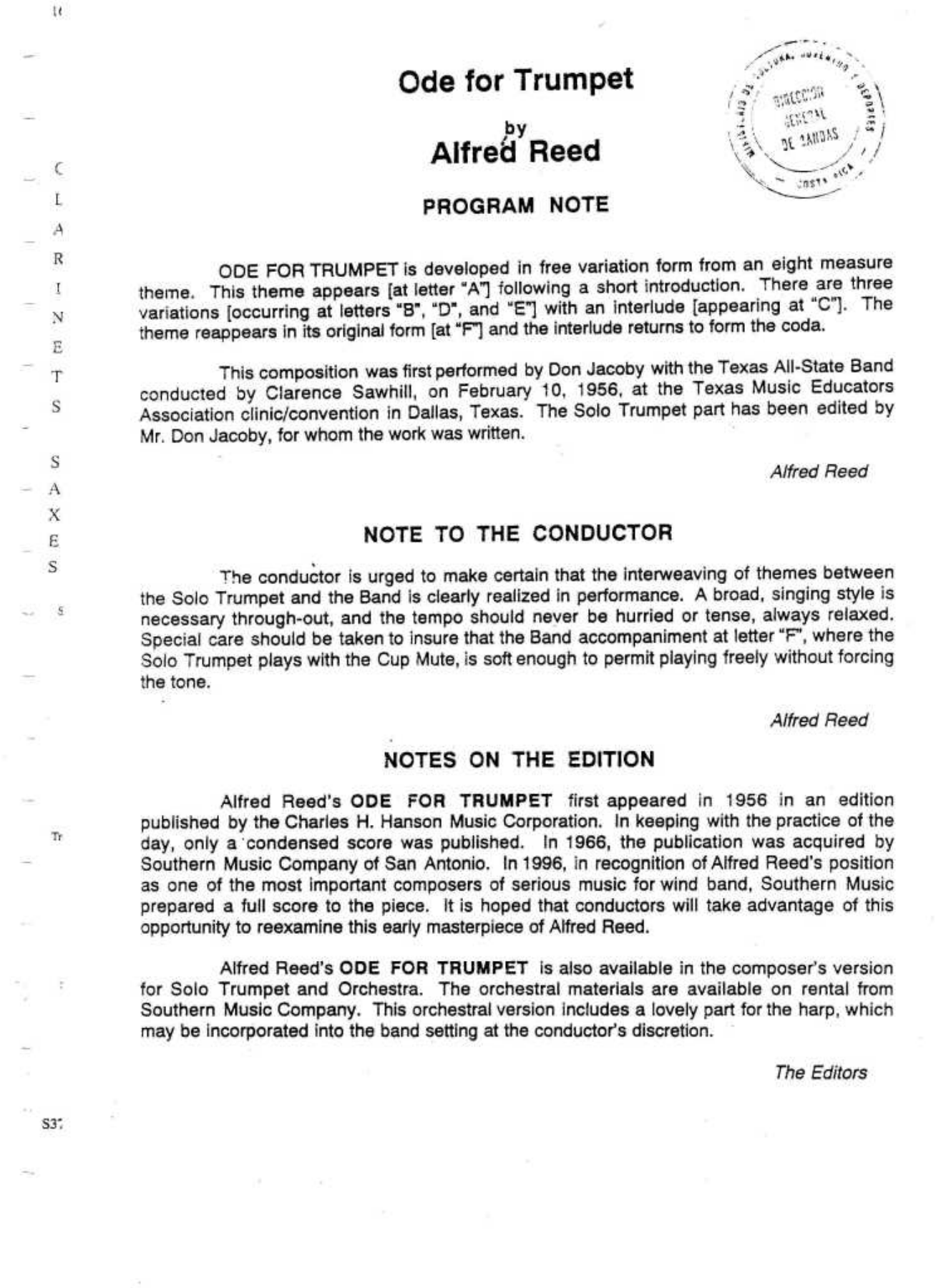 Guion ode for trumpet alfred reed — concert_band sheet music arranged by Alfred Reed | Traditional