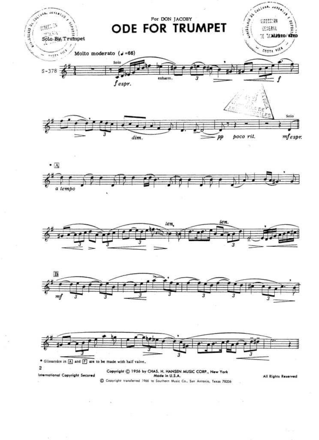Partes ode for trumpet — sheet music cover (first page)