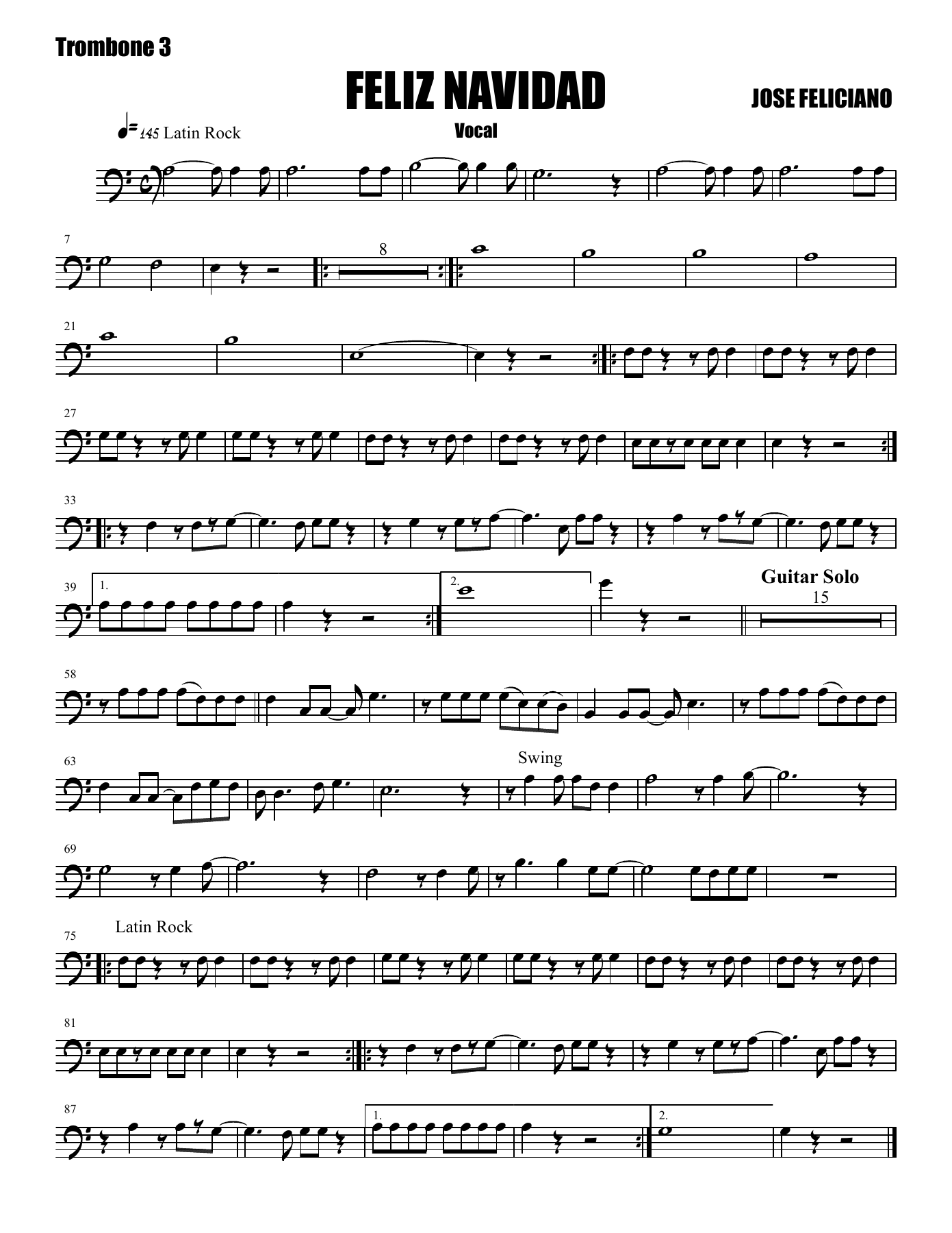 Feliz Navidad - 012 Trombone — sheet music cover (first page)