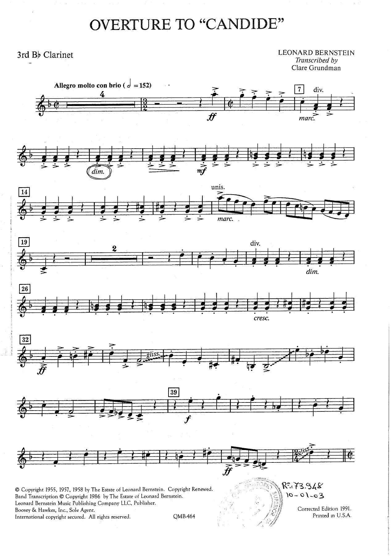 Overture to Candid - 08 - Clarinet — sheet music cover (first page)