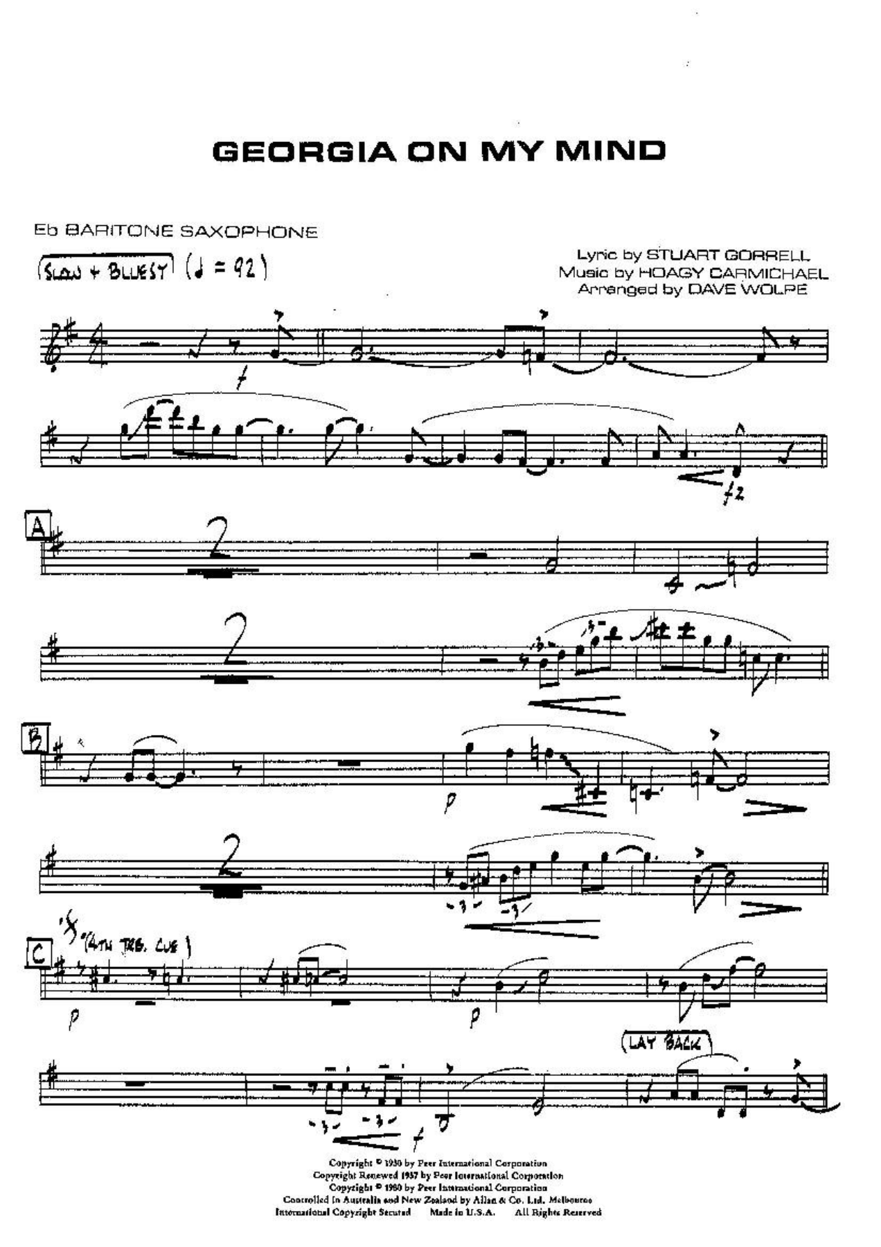 Georgia On My Mind VOCAL Bb Baritone — big_band_vocal sheet music arranged by DAVE WOLPE | Jazz Vocal