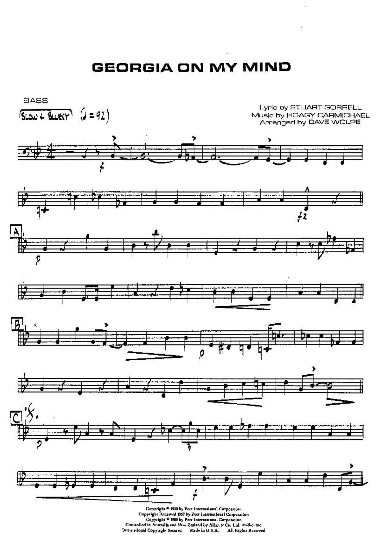 Georgia On My Mind VOCAL Bb Bass — sheet music preview