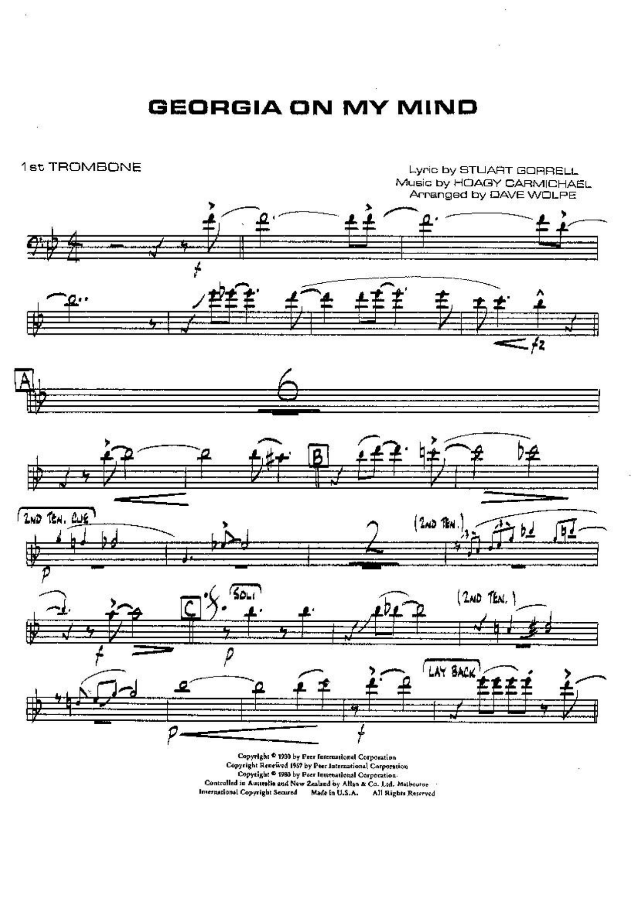 Georgia On My Mind VOCAL Bb Bone — sheet music cover (first page)