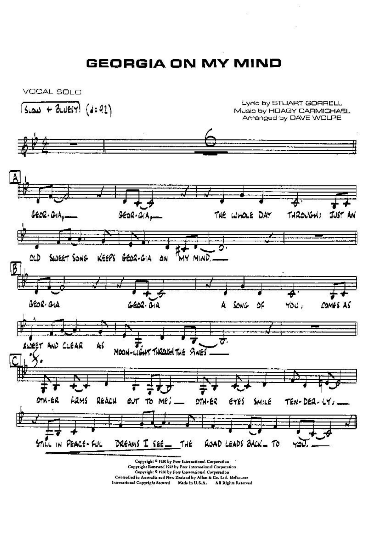 Georgia On My Mind VOCAL Bb Canto — big_band_vocal sheet music arranged by DAVE WOLPE | Jazz Vocal