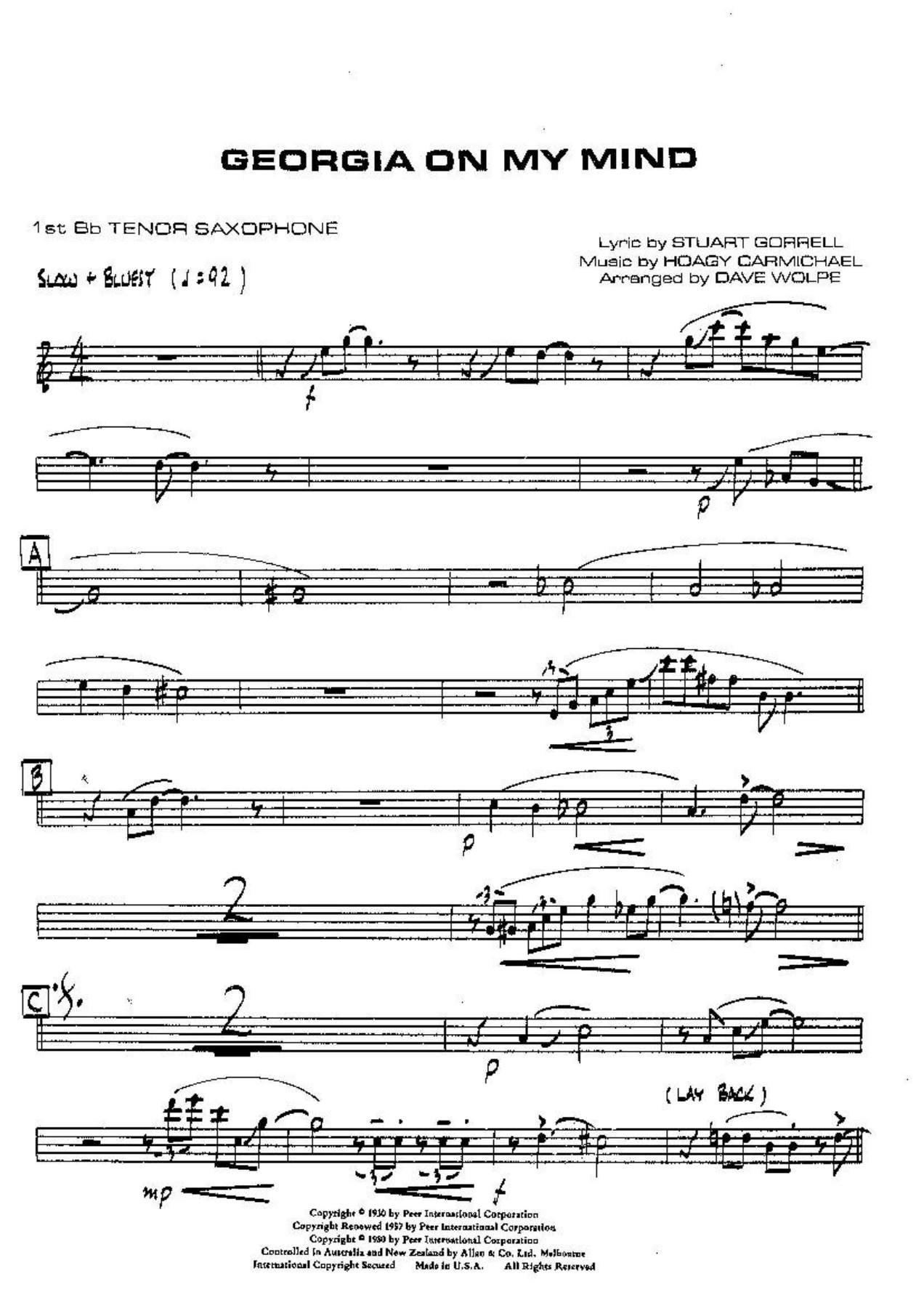 Georgia On My Mind VOCAL Bb Tenor — big_band_vocal sheet music arranged by DAVE WOLPE | Jazz Vocal