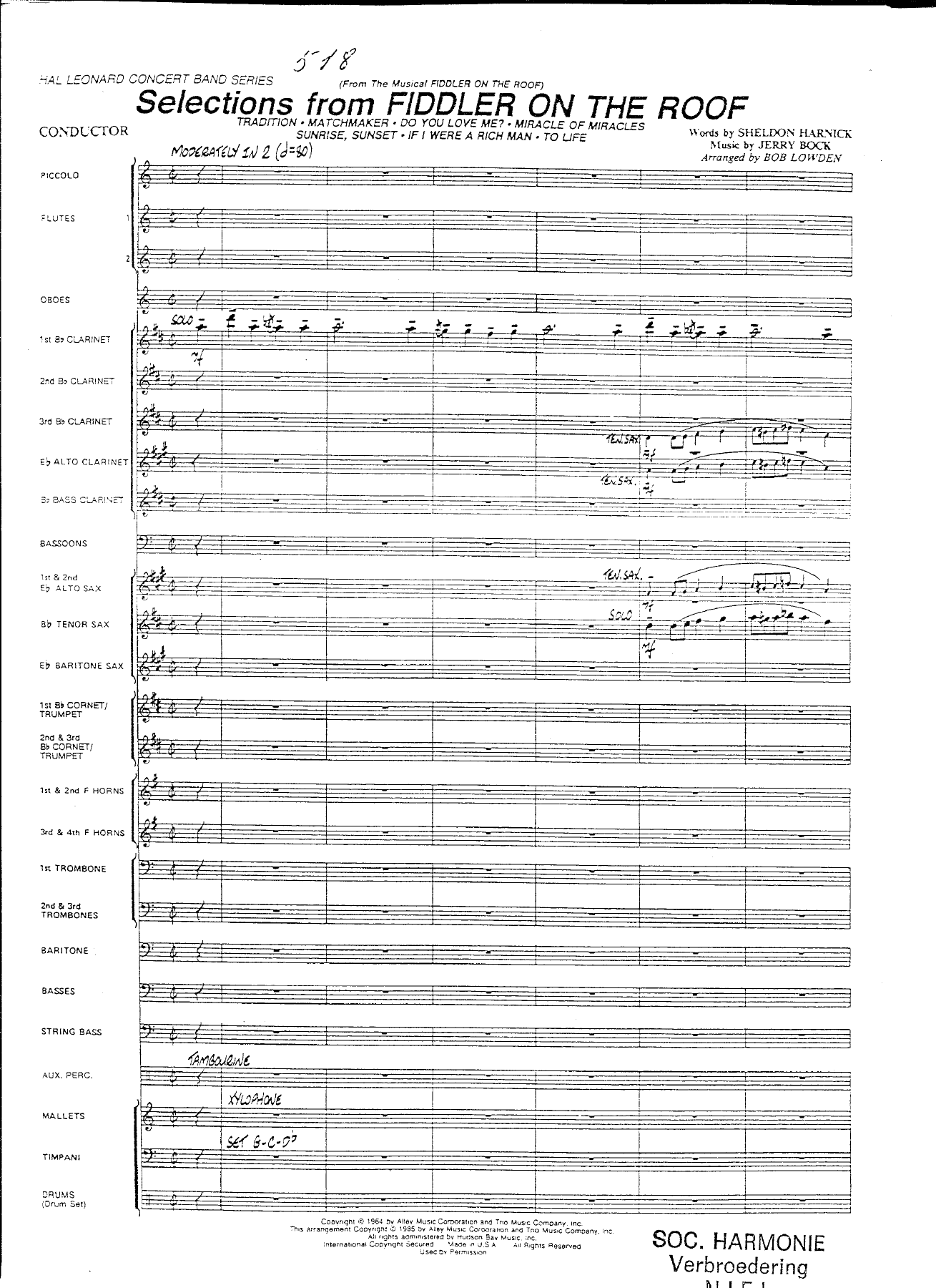 Selections From Fiddler On The Roof — sheet music cover (first page)