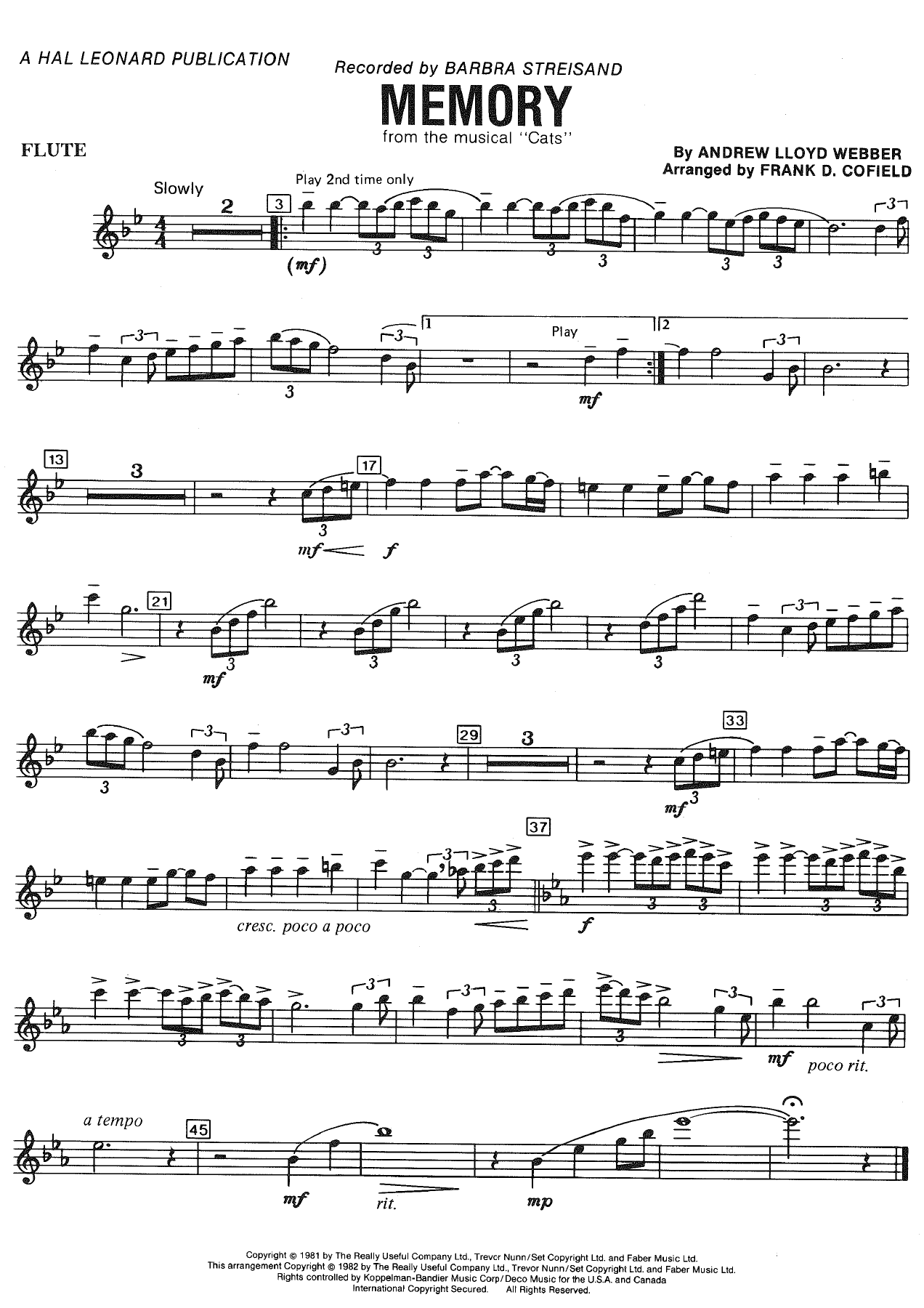 Memory - Andrew Lloyd Webber arr. Frank D. Cofield — sheet music cover (first page)