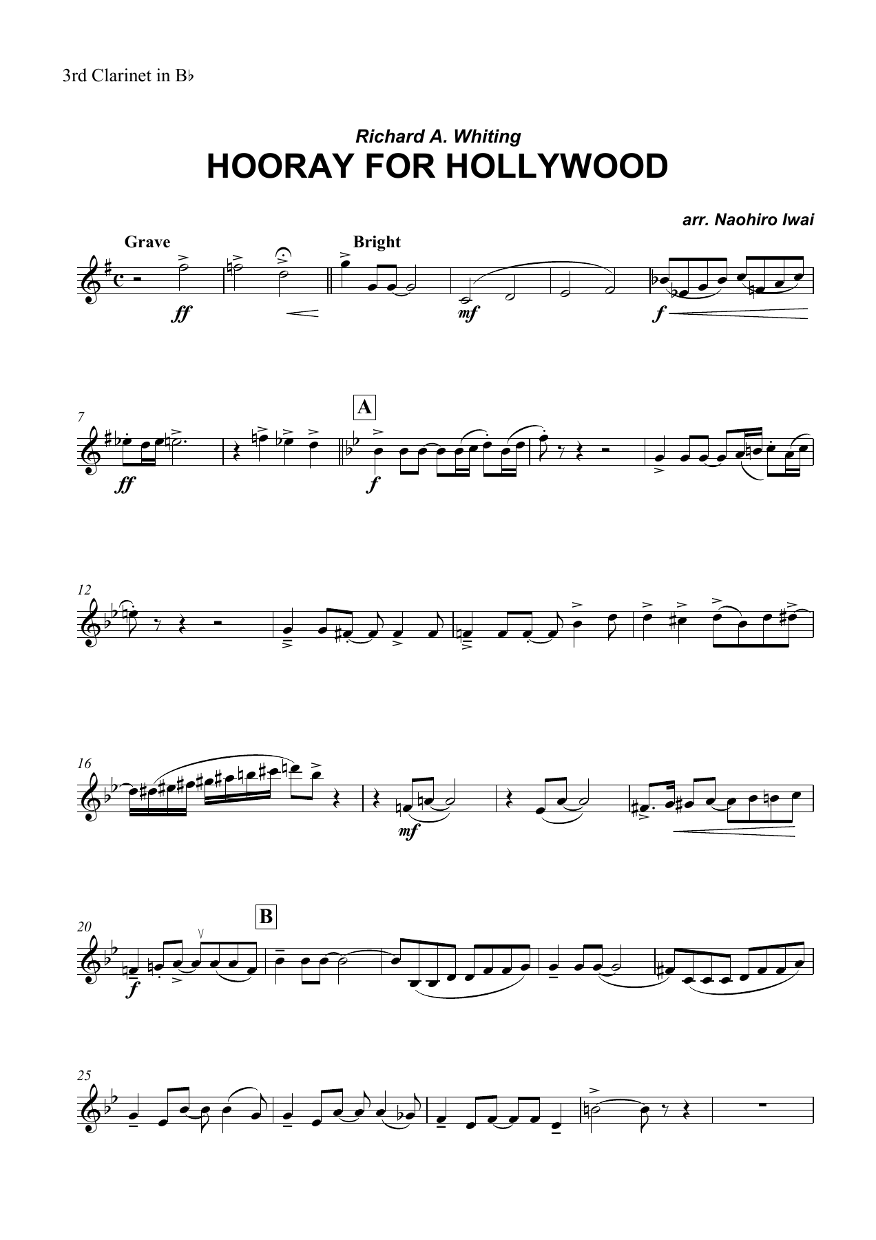 Hooray for Hollywood 3rd Clarinet in Bb — concert_band sheet music arranged by Naohiro Iwai | Film Music