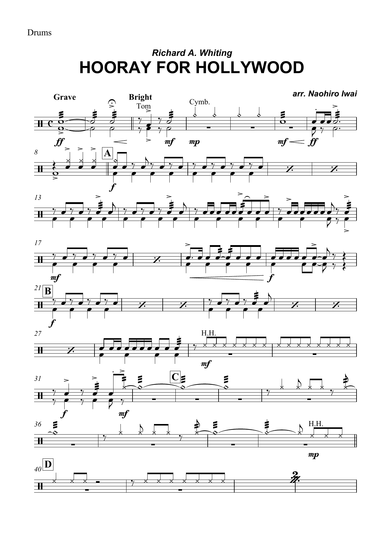 Hooray for Hollywood Drums — sheet music cover (first page)