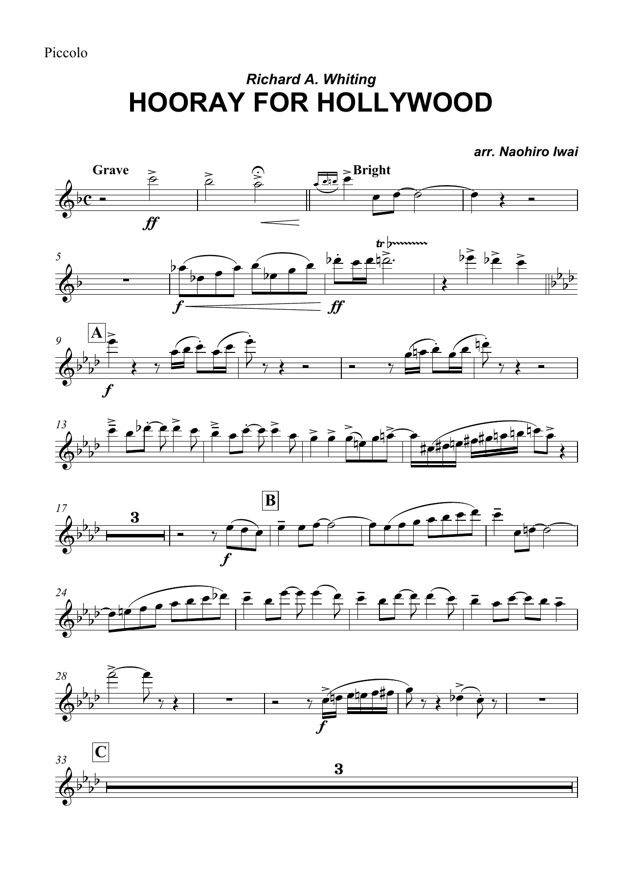 Hooray for Hollywood Piccolo — concert_band sheet music arranged by Naohiro Iwai | Film Music