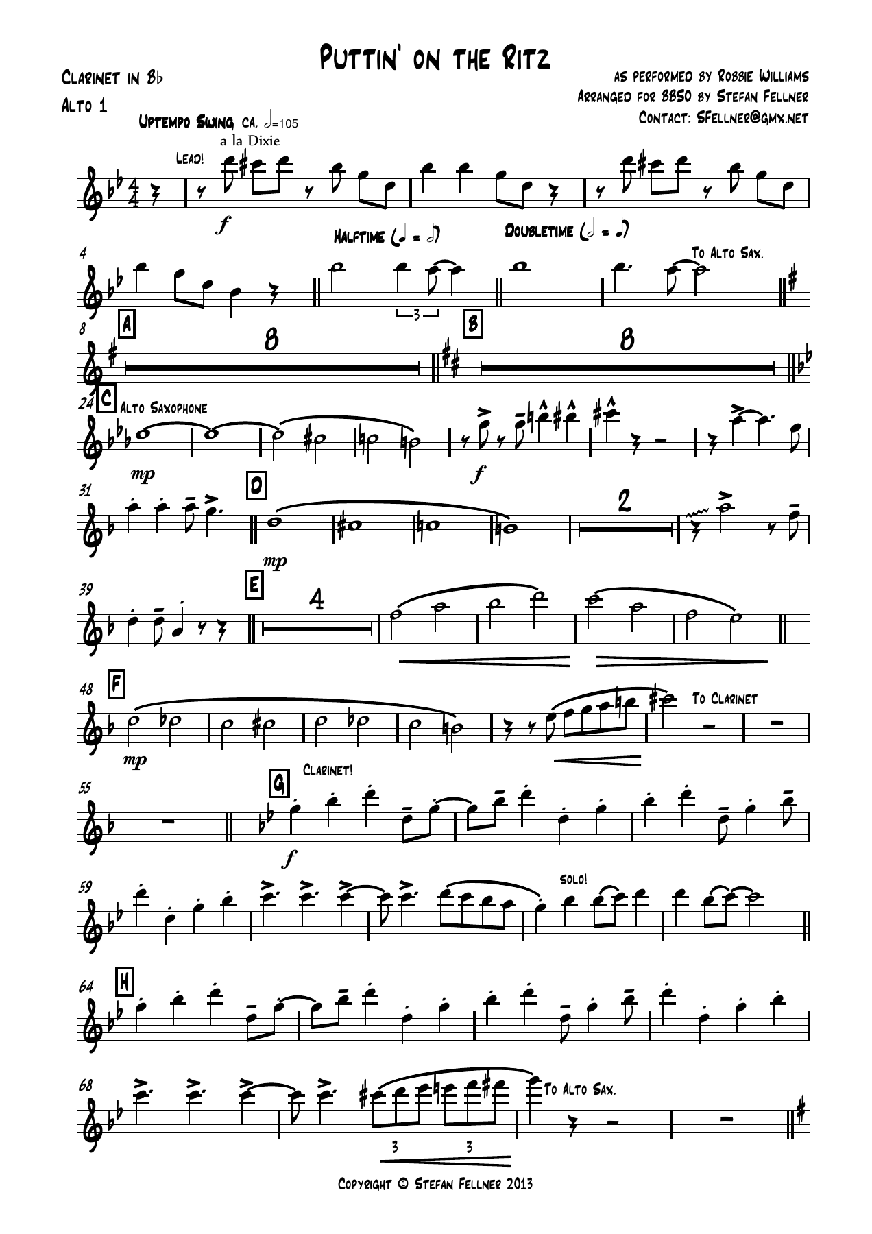 Puttin on the Ritz Clarinet in Bb, Alto — big_band_vocal sheet music arranged by Stefan Fellner | Jazz Standard