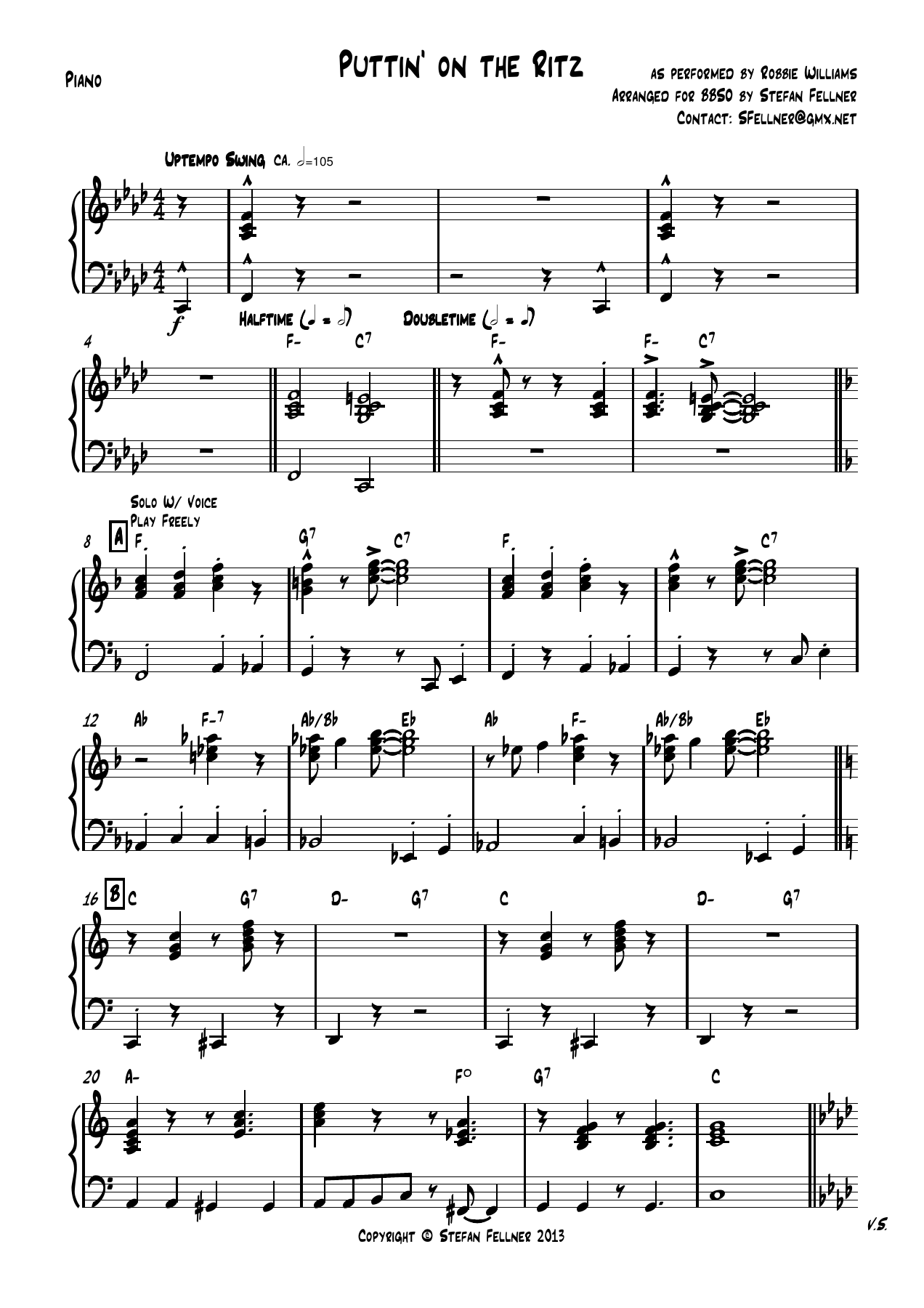 Puttin on the Ritz Piano — big_band_vocal sheet music arranged by Stefan Fellner | Jazz Standard