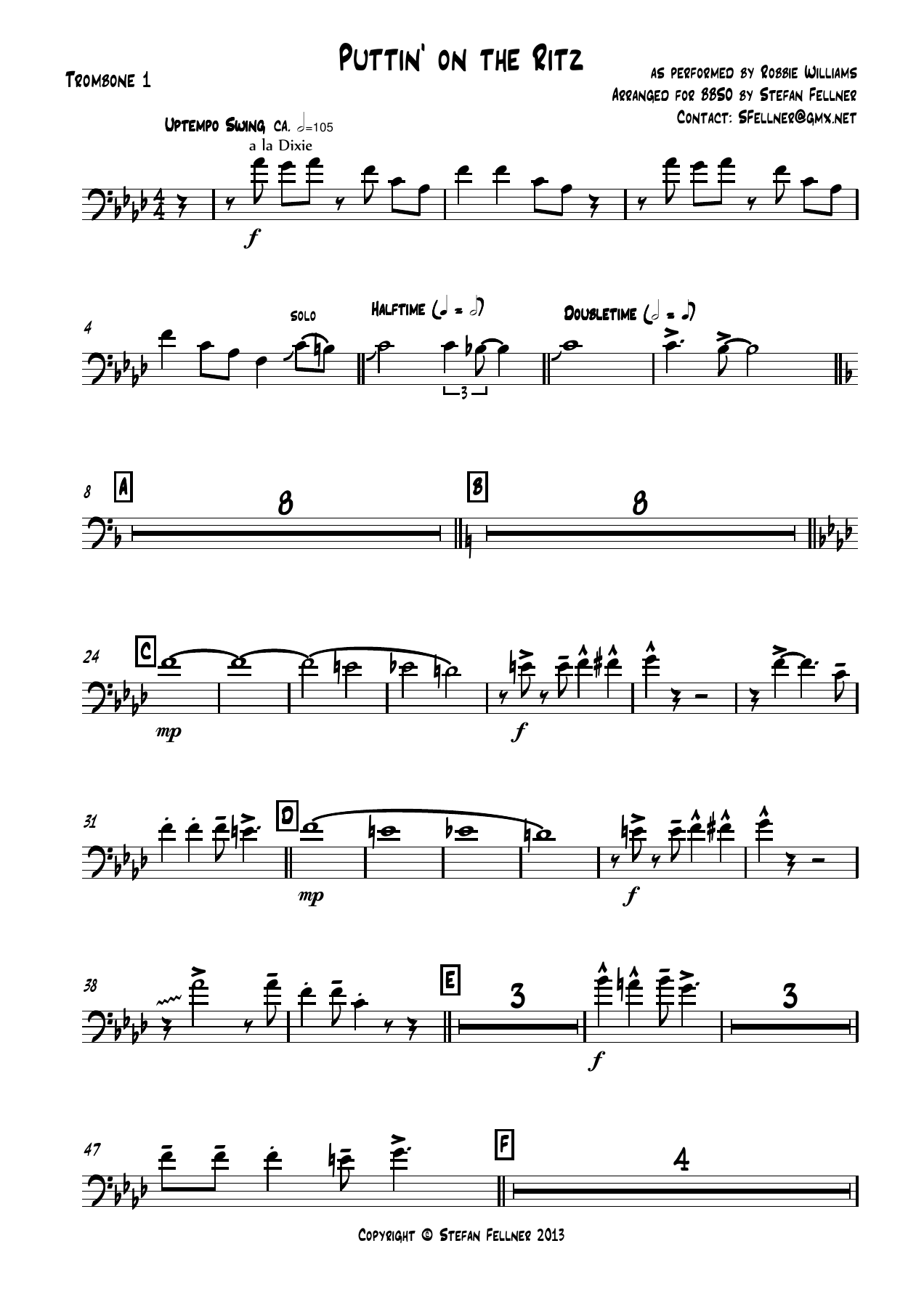 Puttin on the Ritz Trombone — sheet music cover (first page)