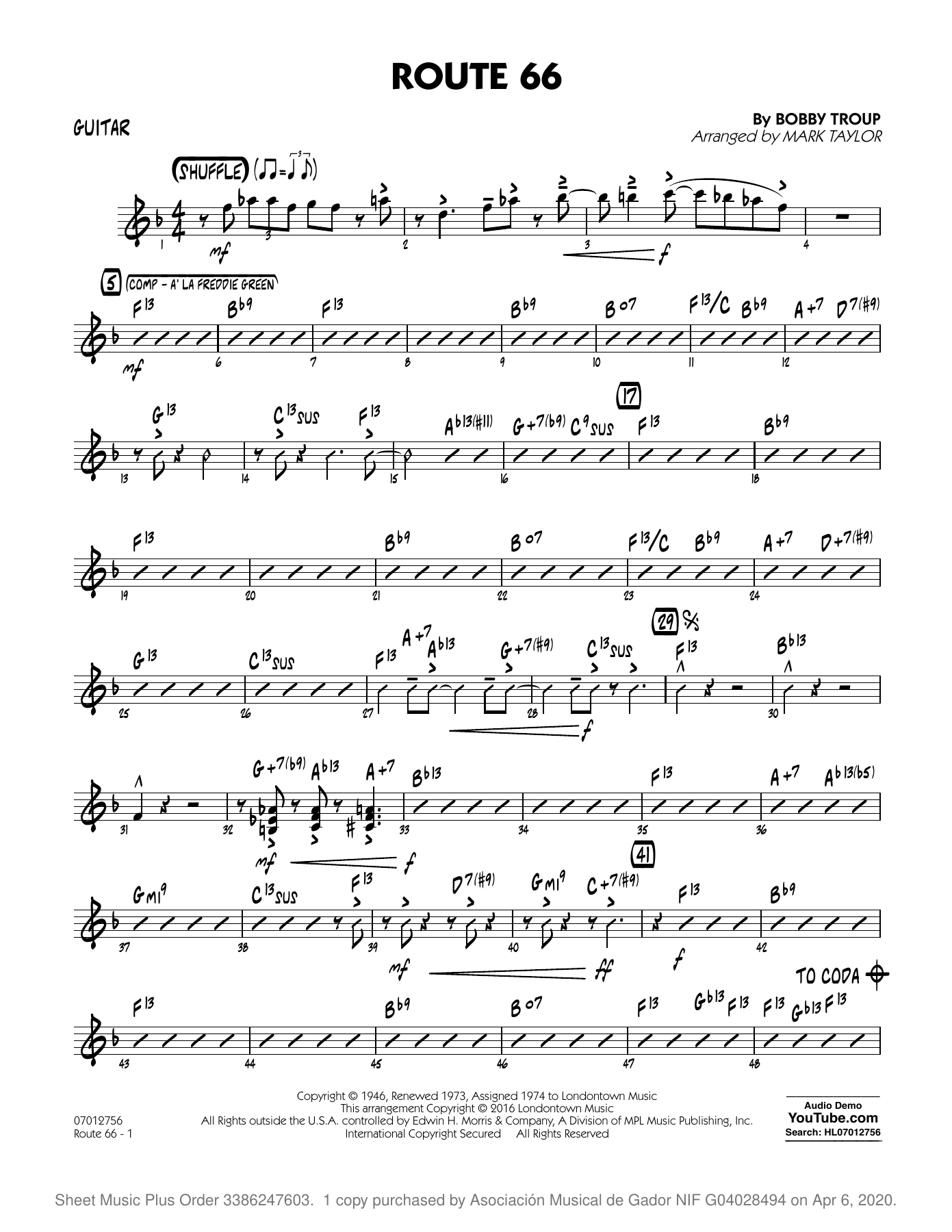 Route 66 Key F Guitar — big_band_vocal sheet music arranged by MARK TAYLOR | Blues