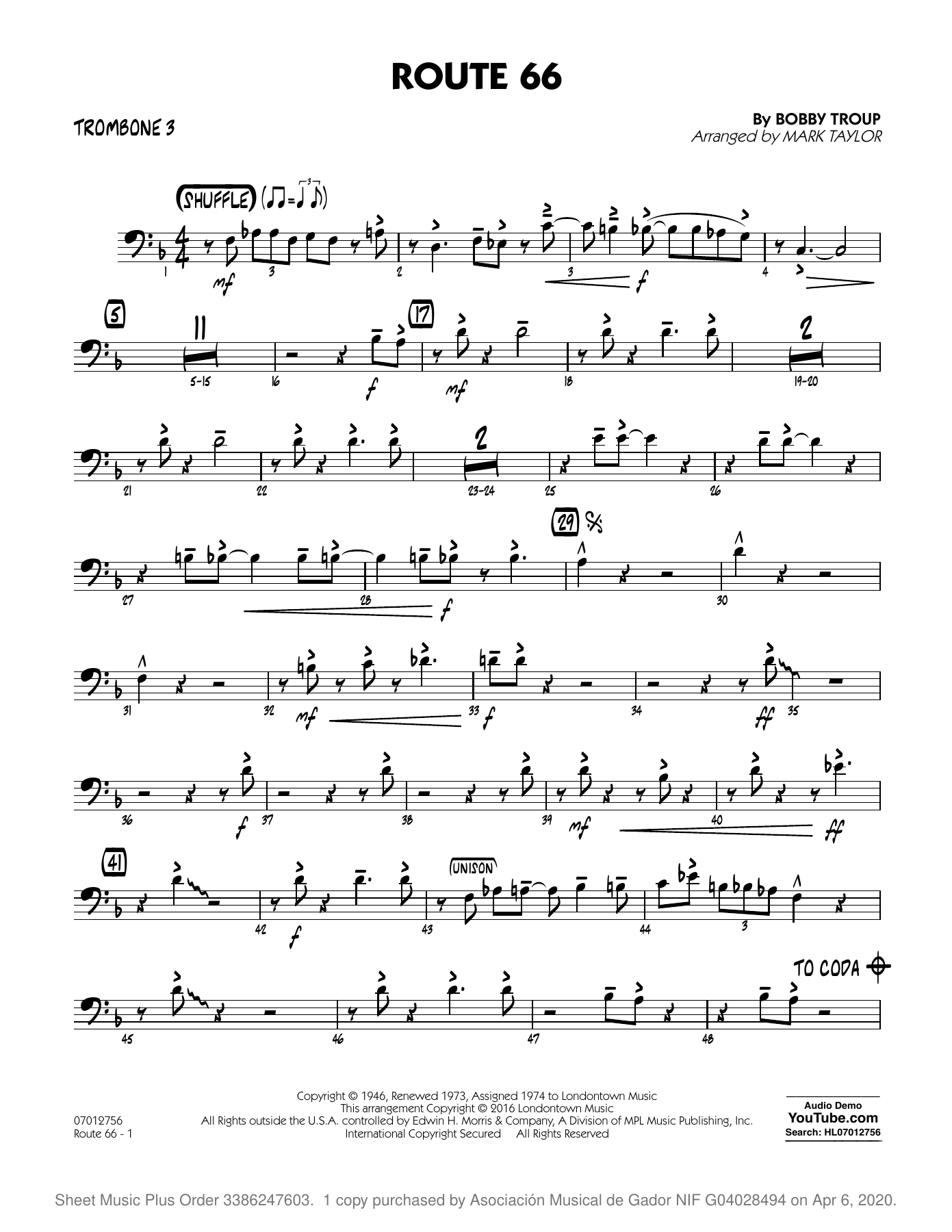Route 66 Key F Trombone 3 — big_band_vocal sheet music arranged by MARK TAYLOR | Shuffle