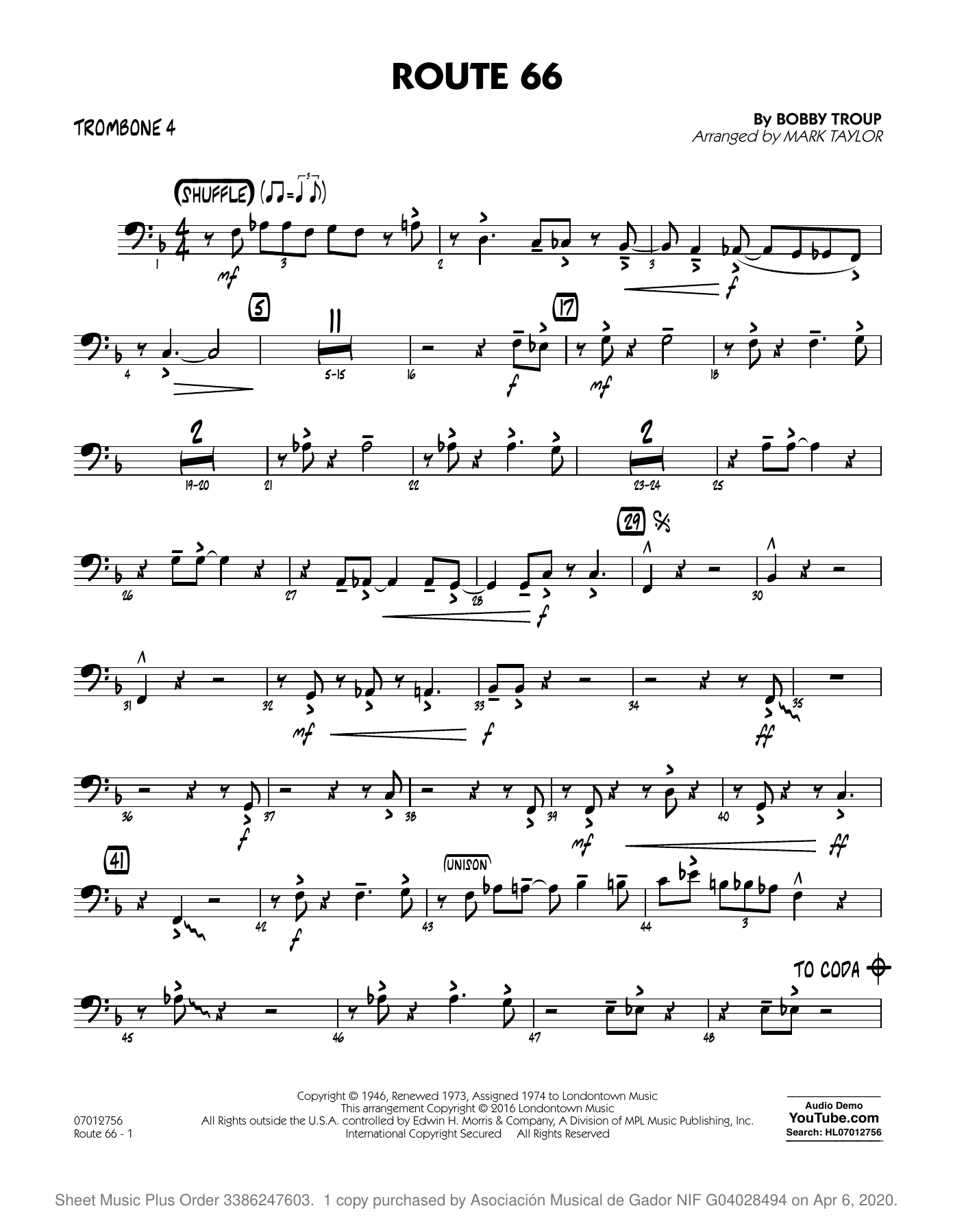 Route 66 Key F Trombone 4 — sheet music cover (first page)