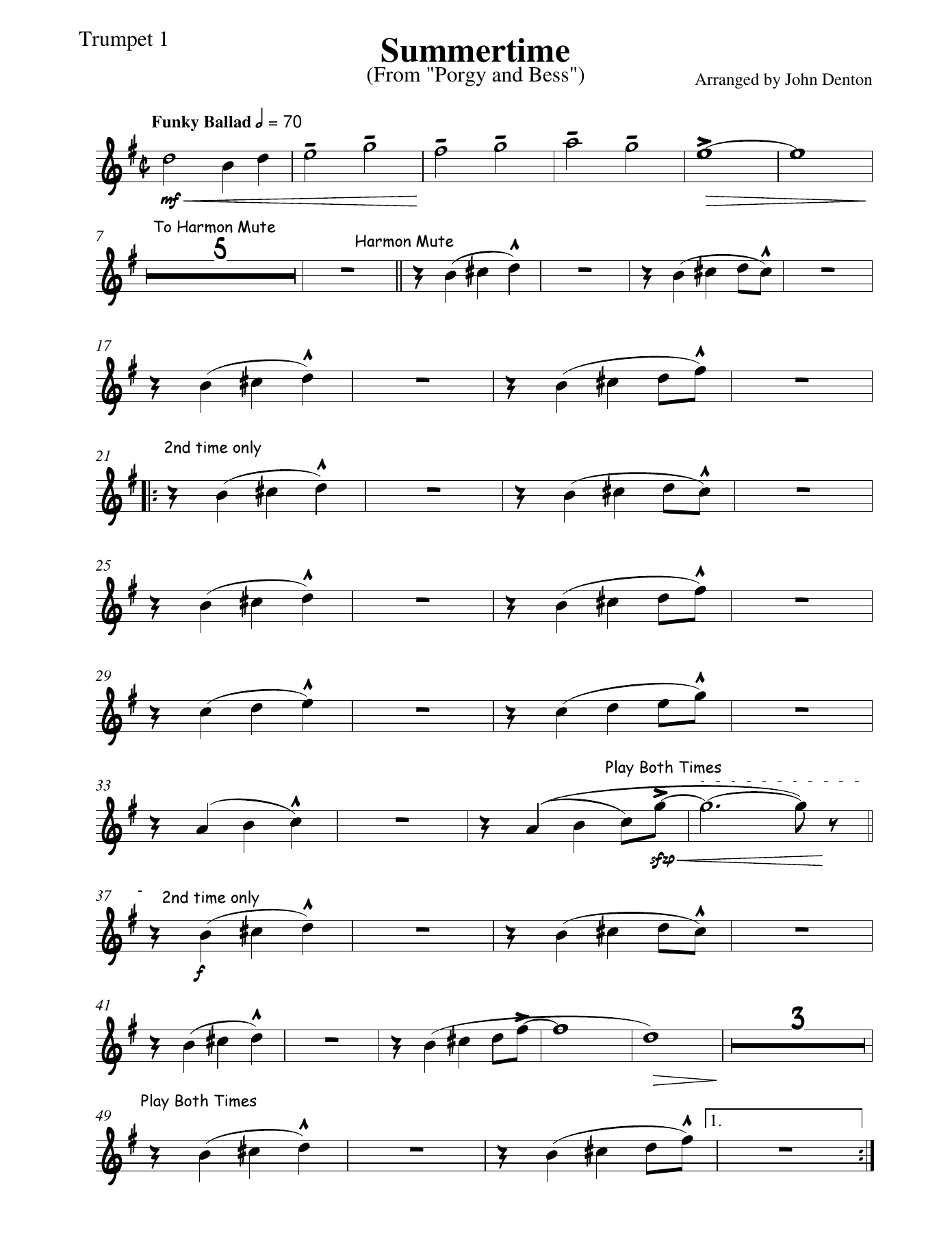 Summertime trumpet — big_band_vocal sheet music arranged by John Denton | Jazz Standard