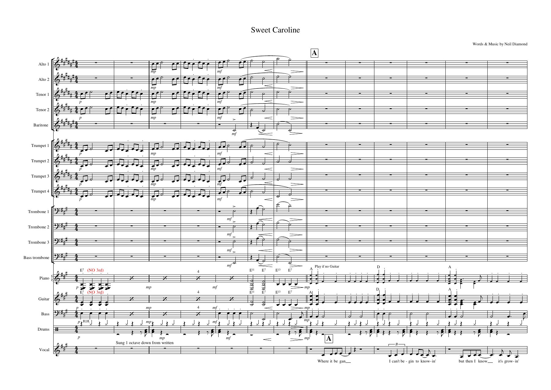 Sweet Caroline — sheet music cover (first page)