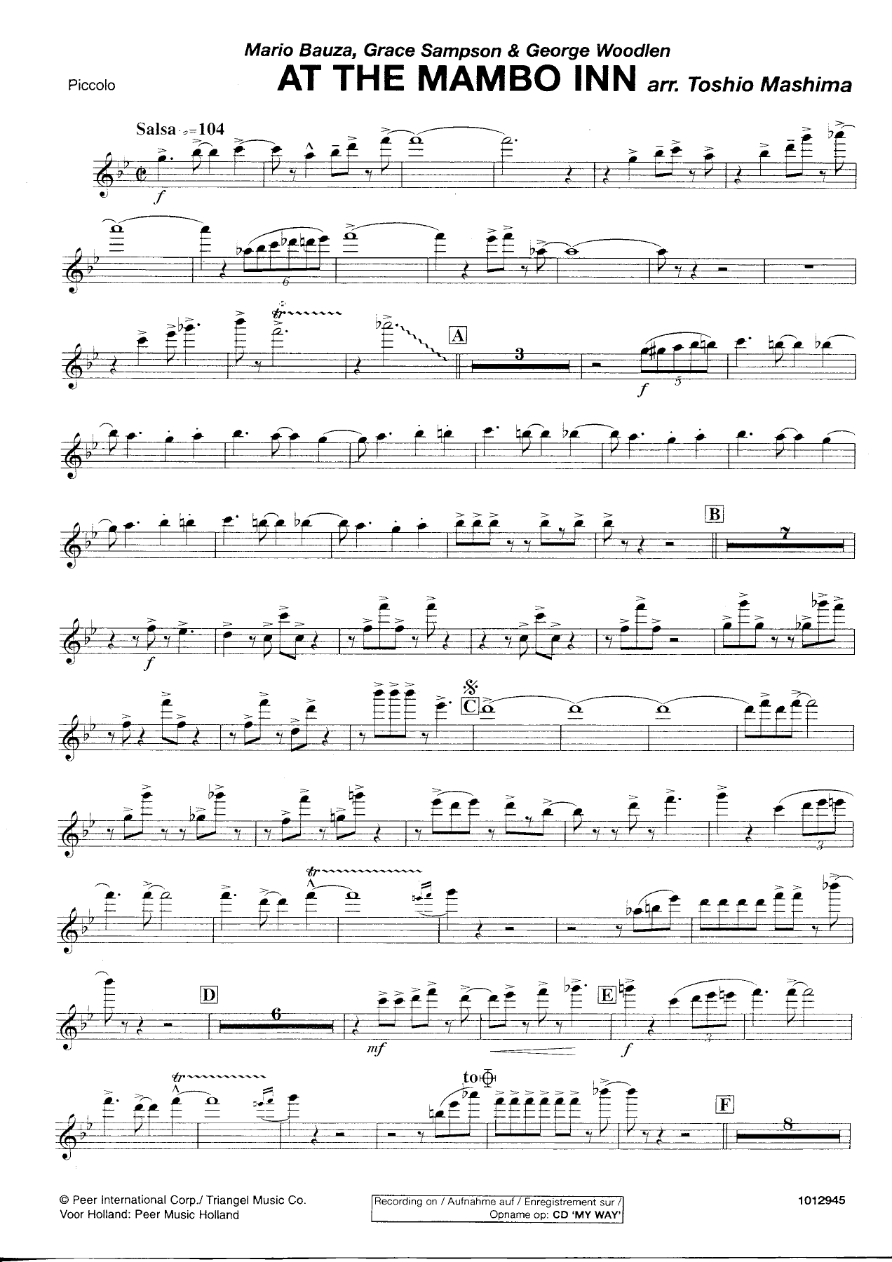 At the Mambo Inn — Piccolo — concert_band sheet music arranged by Toshio Mashima | Salsa