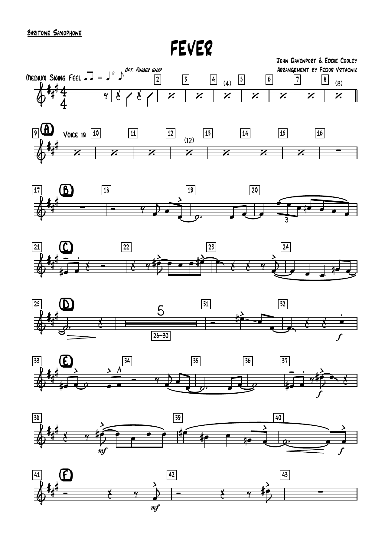 FEVER Baritone Saxophone — sheet music cover (first page)