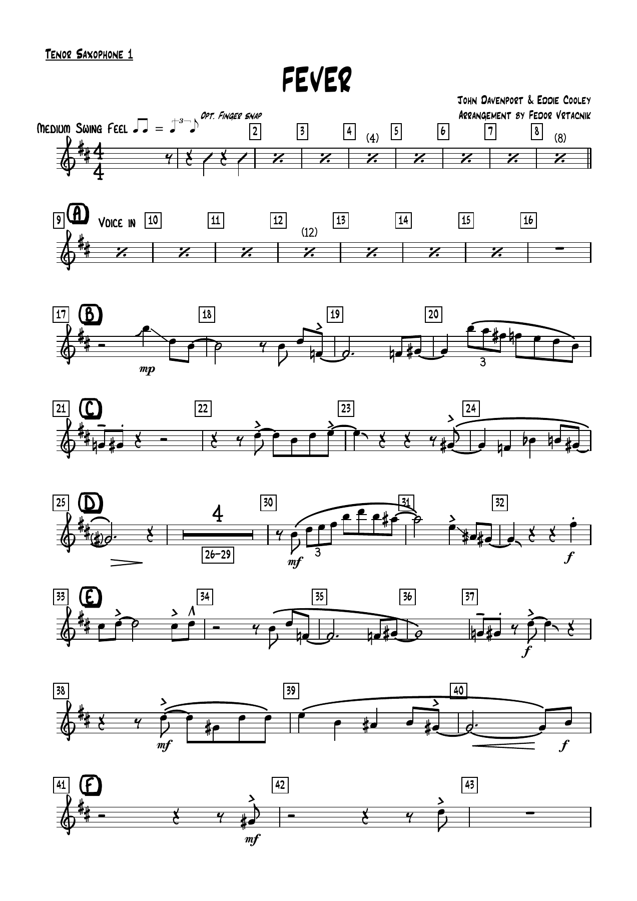FEVER Tenor Saxophone — sheet music cover (first page)