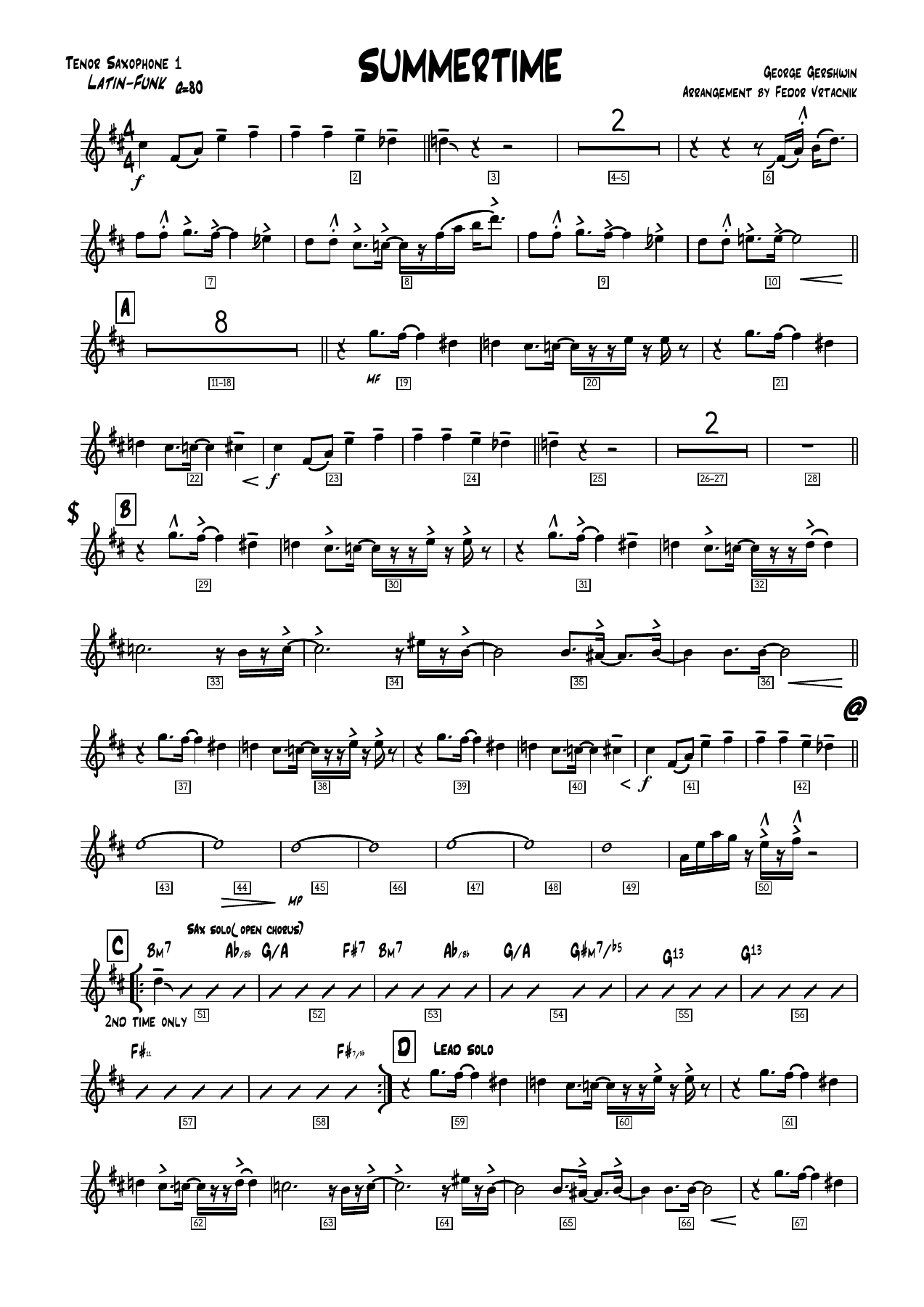 SUMMERTIME - vocal & big band Tenor Saxophone — big_band_vocal sheet music arranged by Mr. X | Jazz Standard