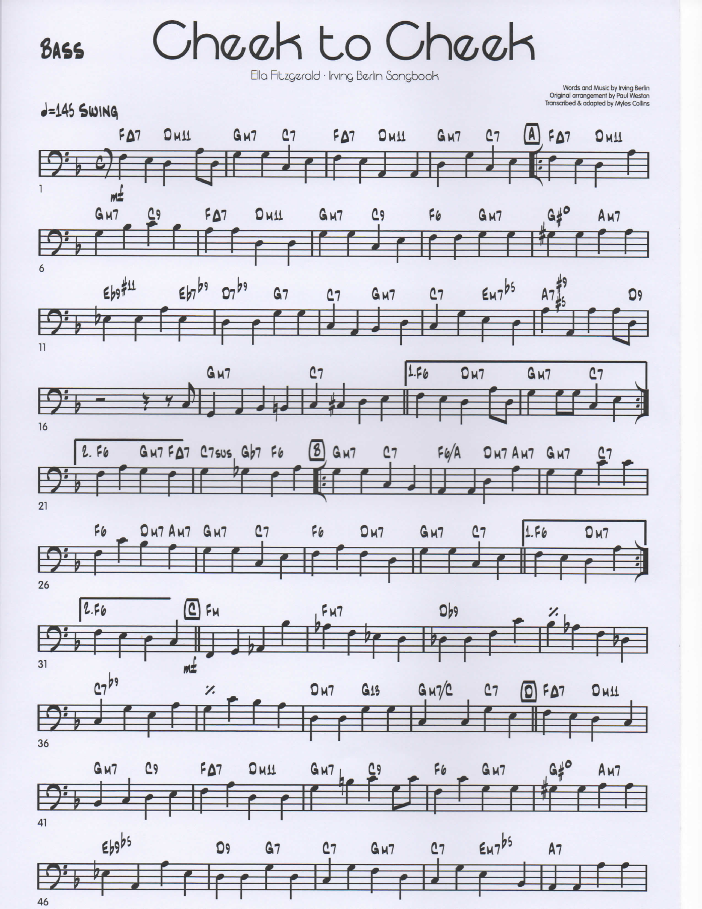 Cheek to Cheek Bass pg1 — big_band_vocal sheet music arranged by Mr. X | Jazz Standard