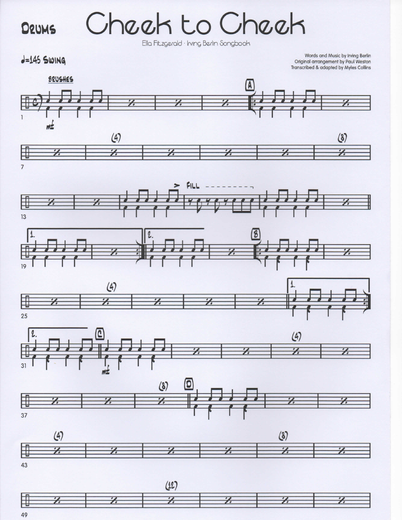 Cheek to Cheek Drums pg1 — sheet music cover (first page)