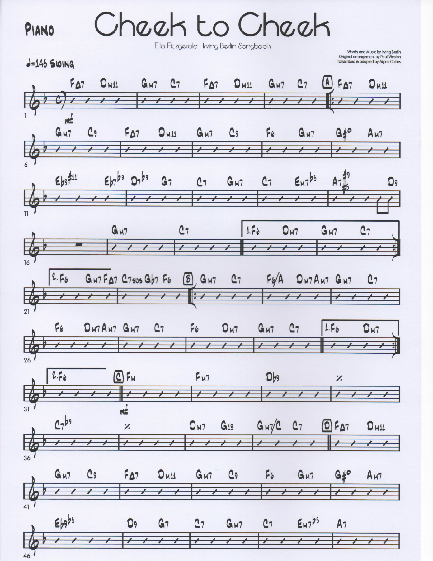 Cheek to Cheek Piano pg1 — big_band_vocal sheet music arranged by Mr. X | Jazz Standard