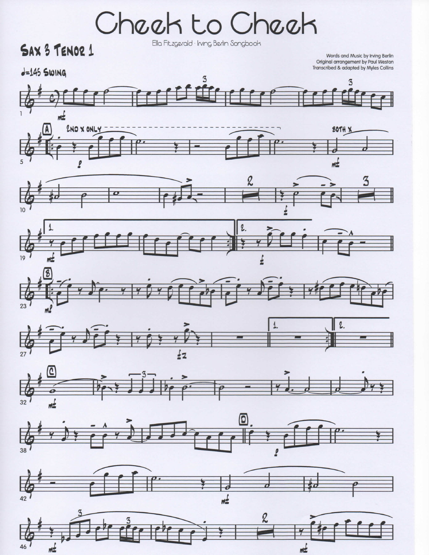 Cheek to Cheek Sax3Tenor1 pg1 — big_band_vocal sheet music arranged by Mr. X | Jazz Standard