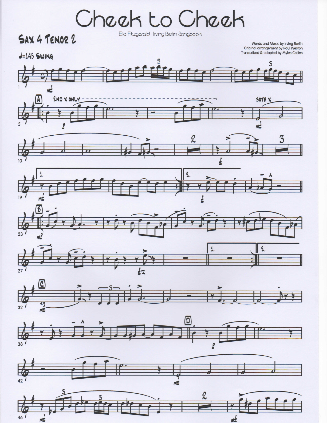 Cheek to Cheek Sax4Tenor2 pg1 — big_band_vocal sheet music arranged by Mr. X | Jazz Standard