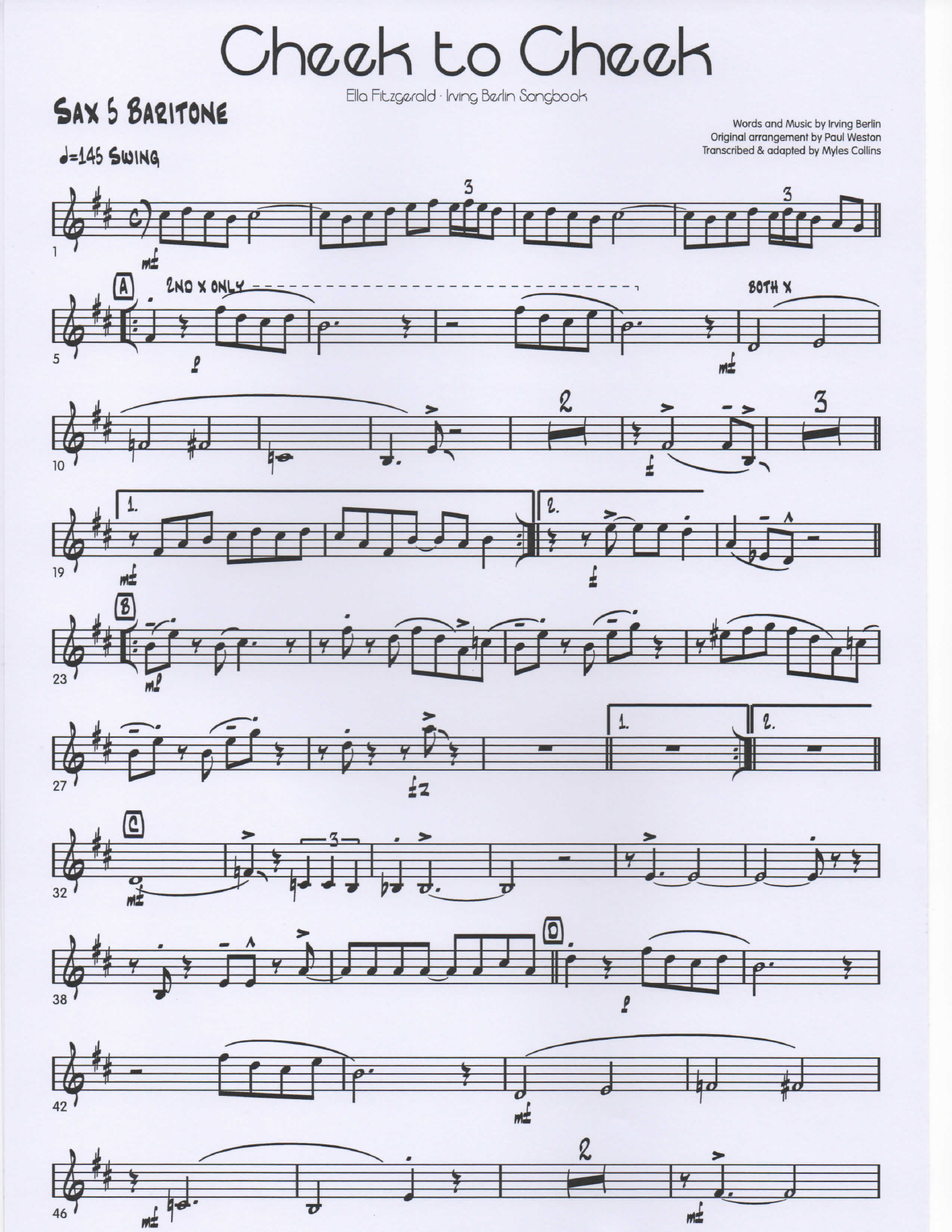Cheek to Cheek Sax5Baritone pg1 — big_band_vocal sheet music arranged by Mr. X | Jazz Standard
