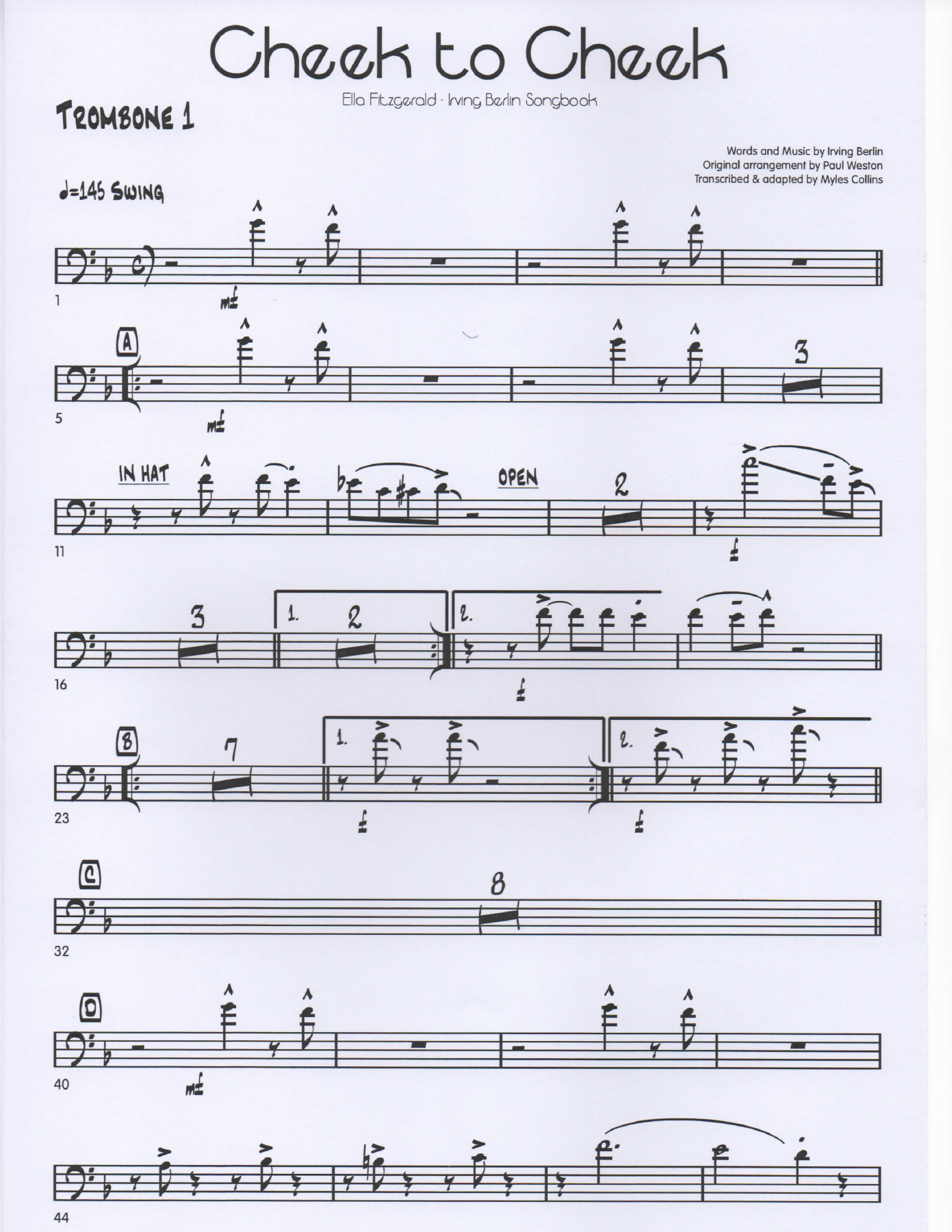 Cheek to Cheek Trombone1 pg1 — sheet music cover (first page)