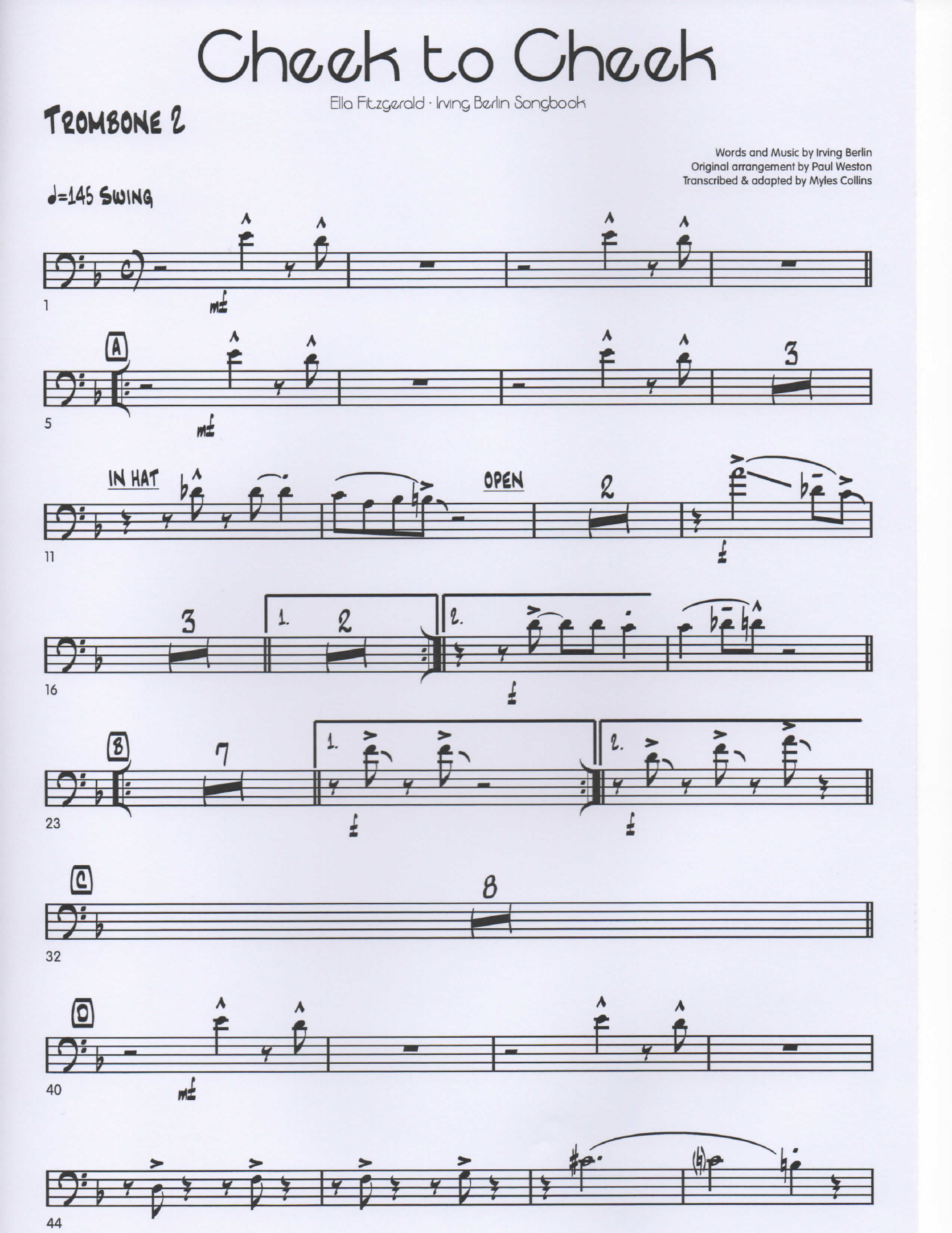 Cheek to Cheek Trombone2 pg1 — sheet music cover (first page)