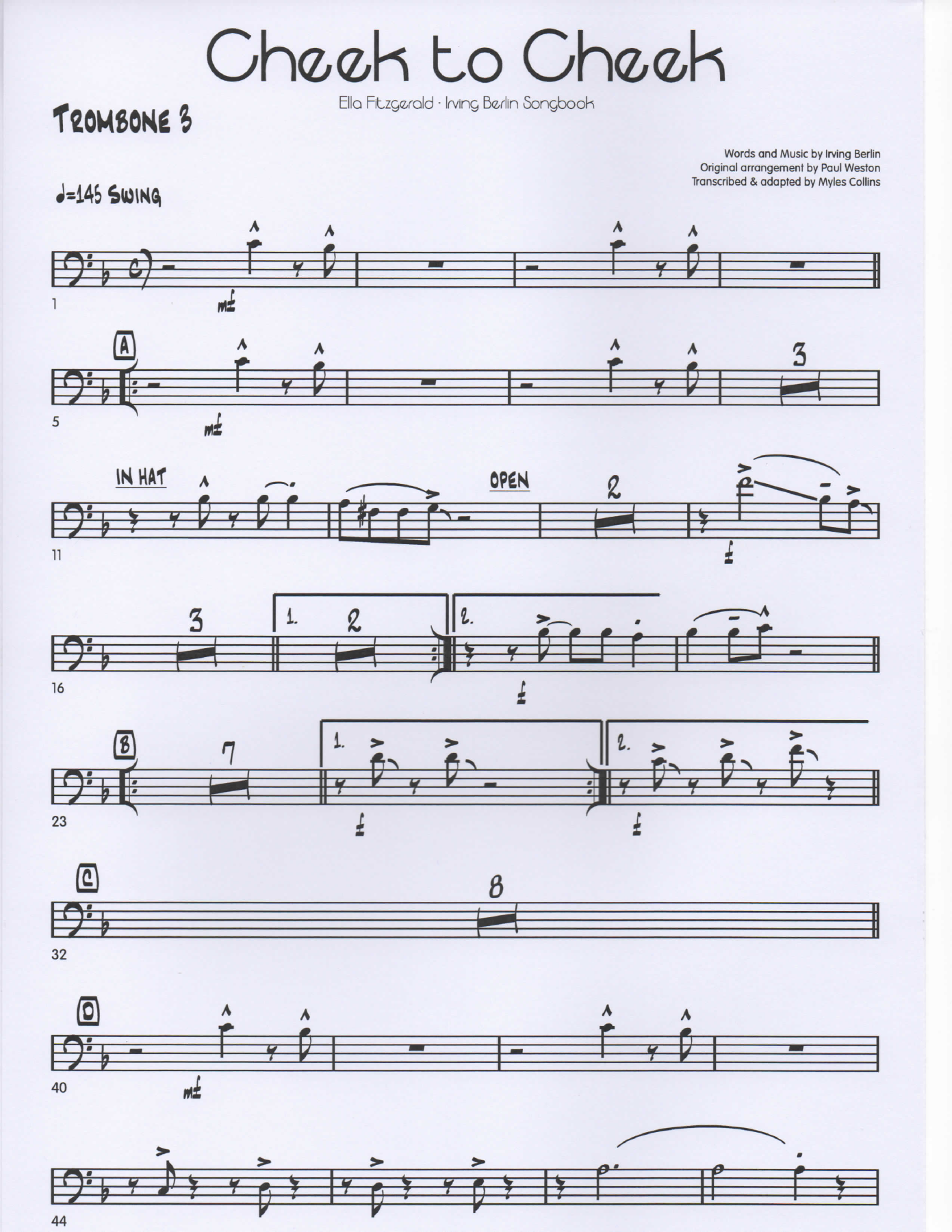 Cheek to Cheek Trombone3 pg1 — sheet music cover (first page)