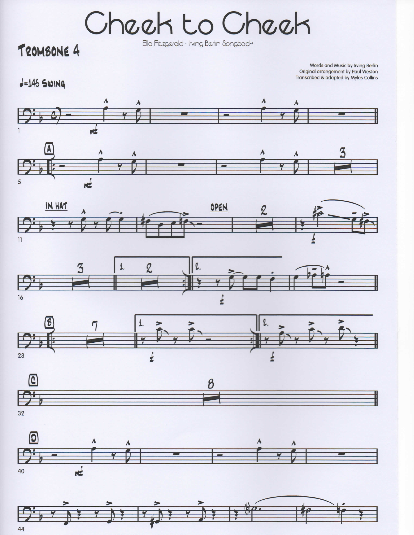 Cheek to Cheek Trombone4 pg1 — sheet music cover (first page)