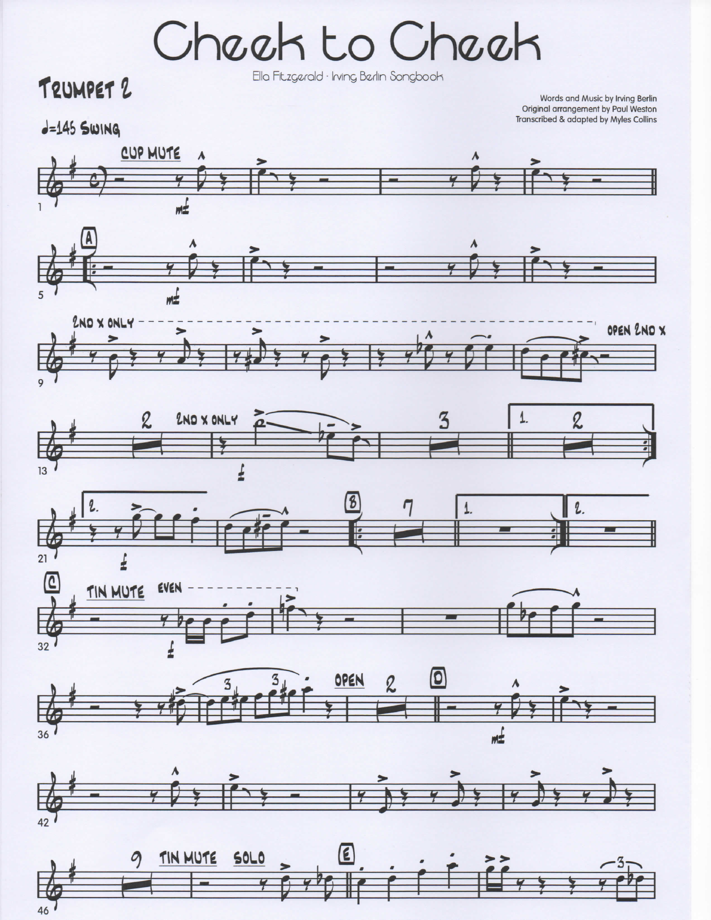 Cheek to Cheek Trumpet2 pg1 — big_band_vocal sheet music arranged by Mr. X | Jazz Standard