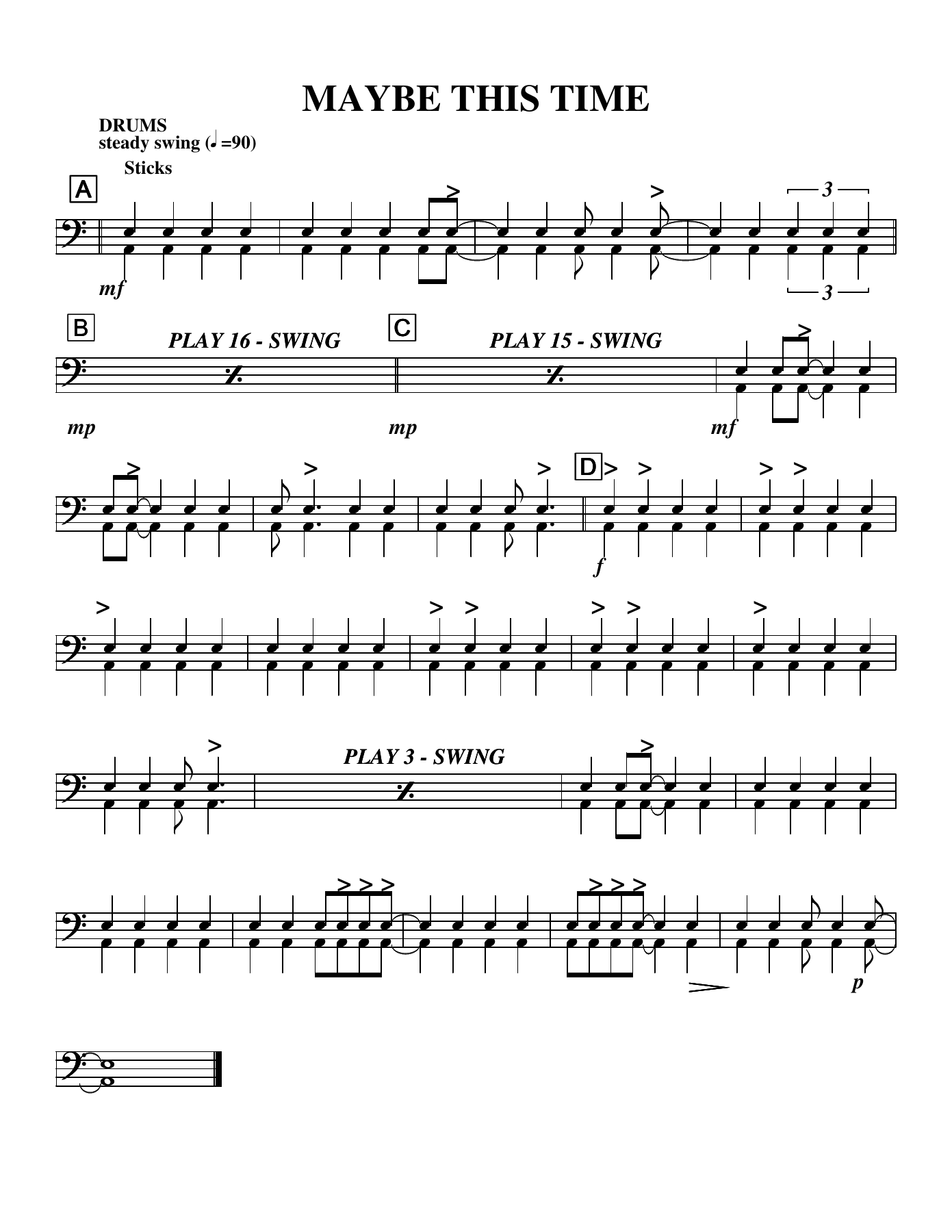 MAYBE THIS TIME drums — sheet music cover (first page)