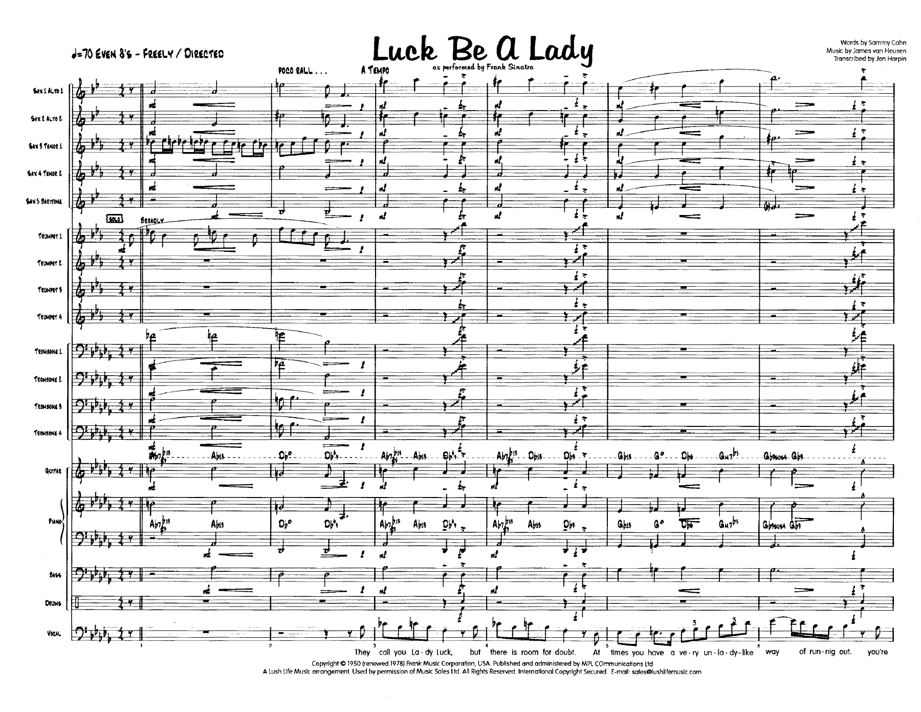 Full Score Luck Be a Lady Harpin — sheet music cover (first page)