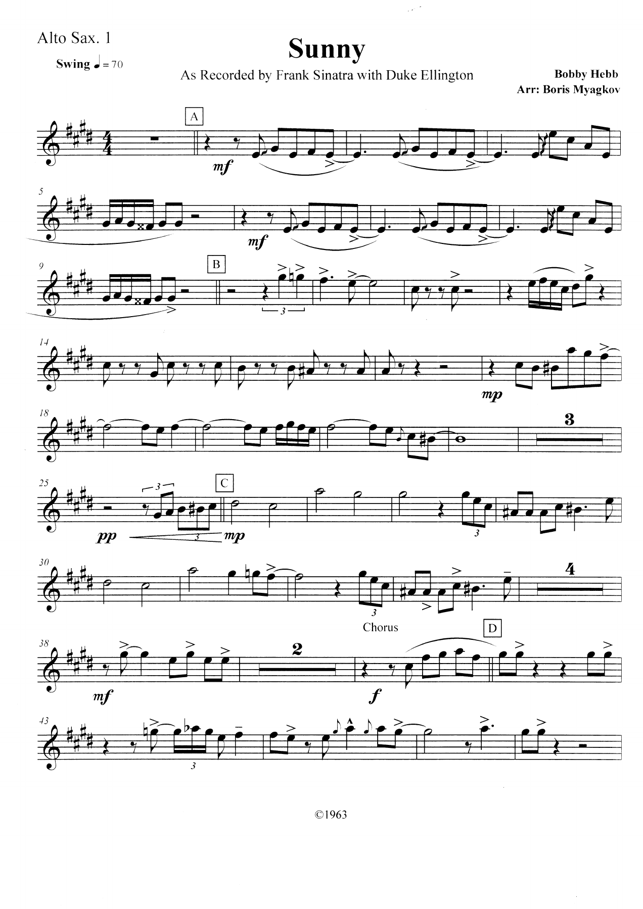 Sunny - Alto Sax — sheet music cover (first page)