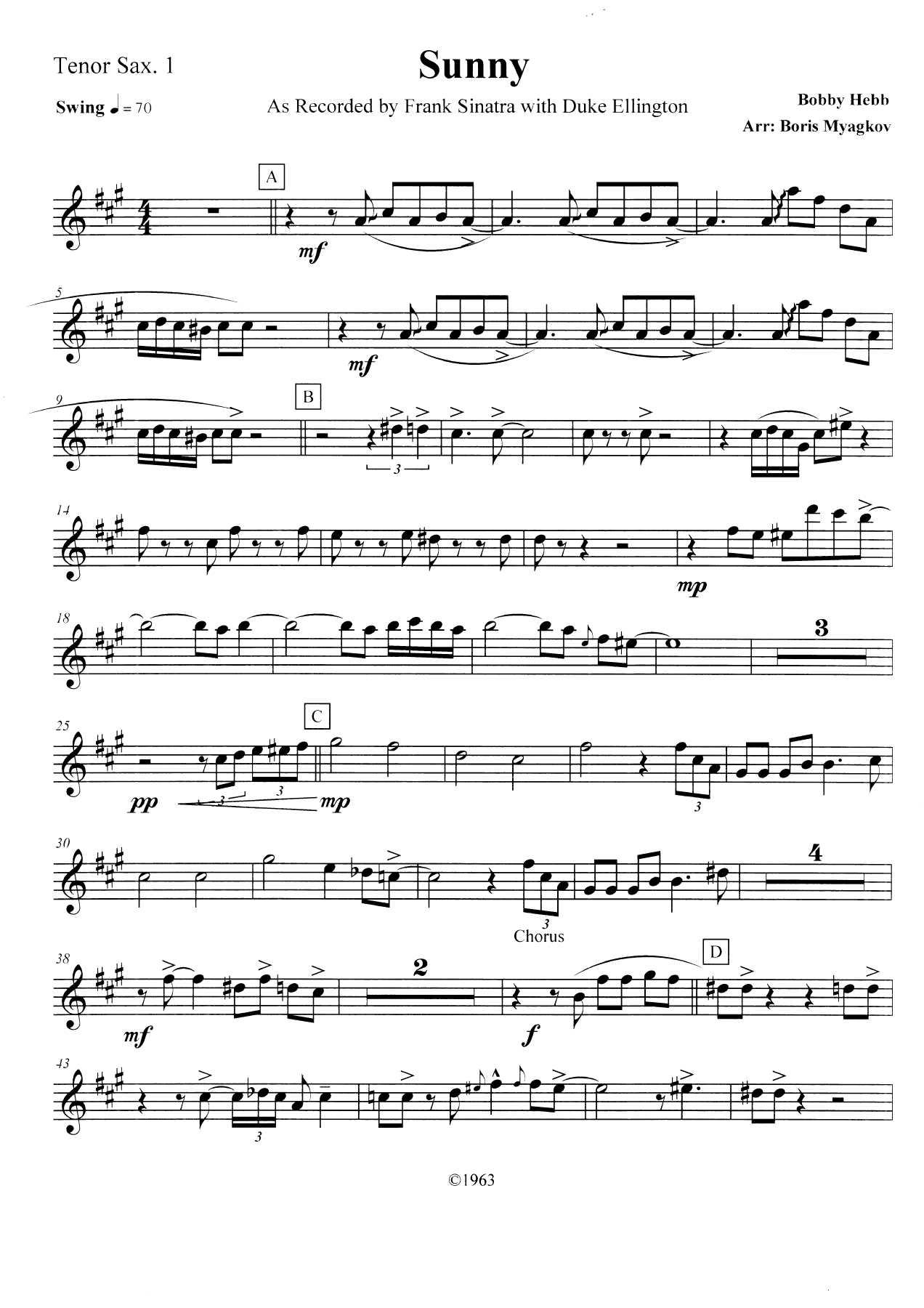 Sunny - Tenor Sax — sheet music cover (first page)