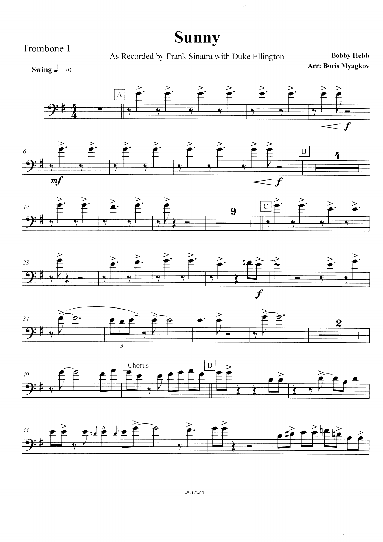 Sunny - Trombone — sheet music cover (first page)