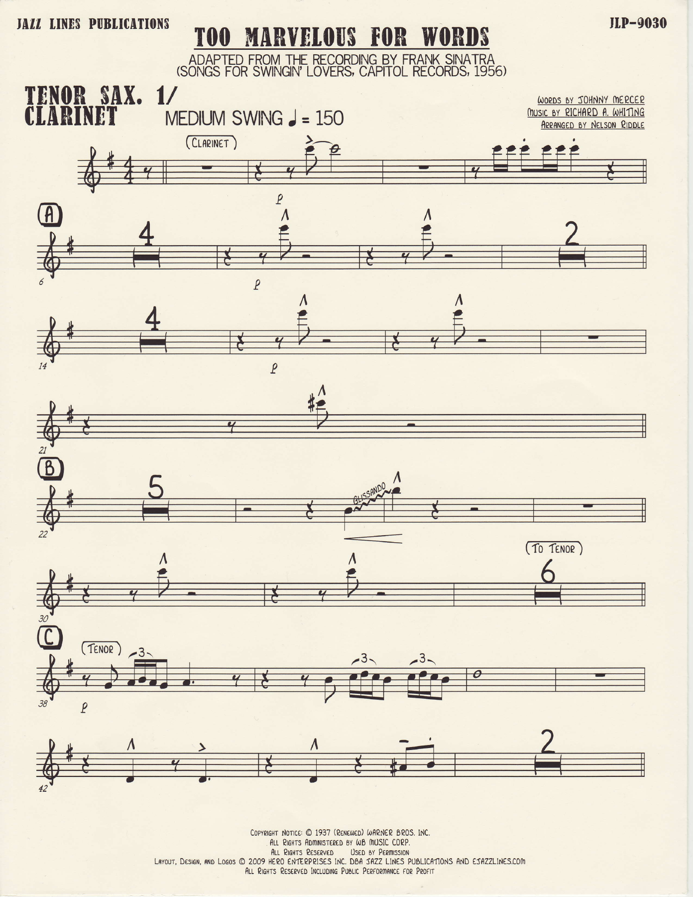 Too Marvelous for Words - Tenor — big_band_vocal sheet music arranged by Tenor 1 | Jazz Standard