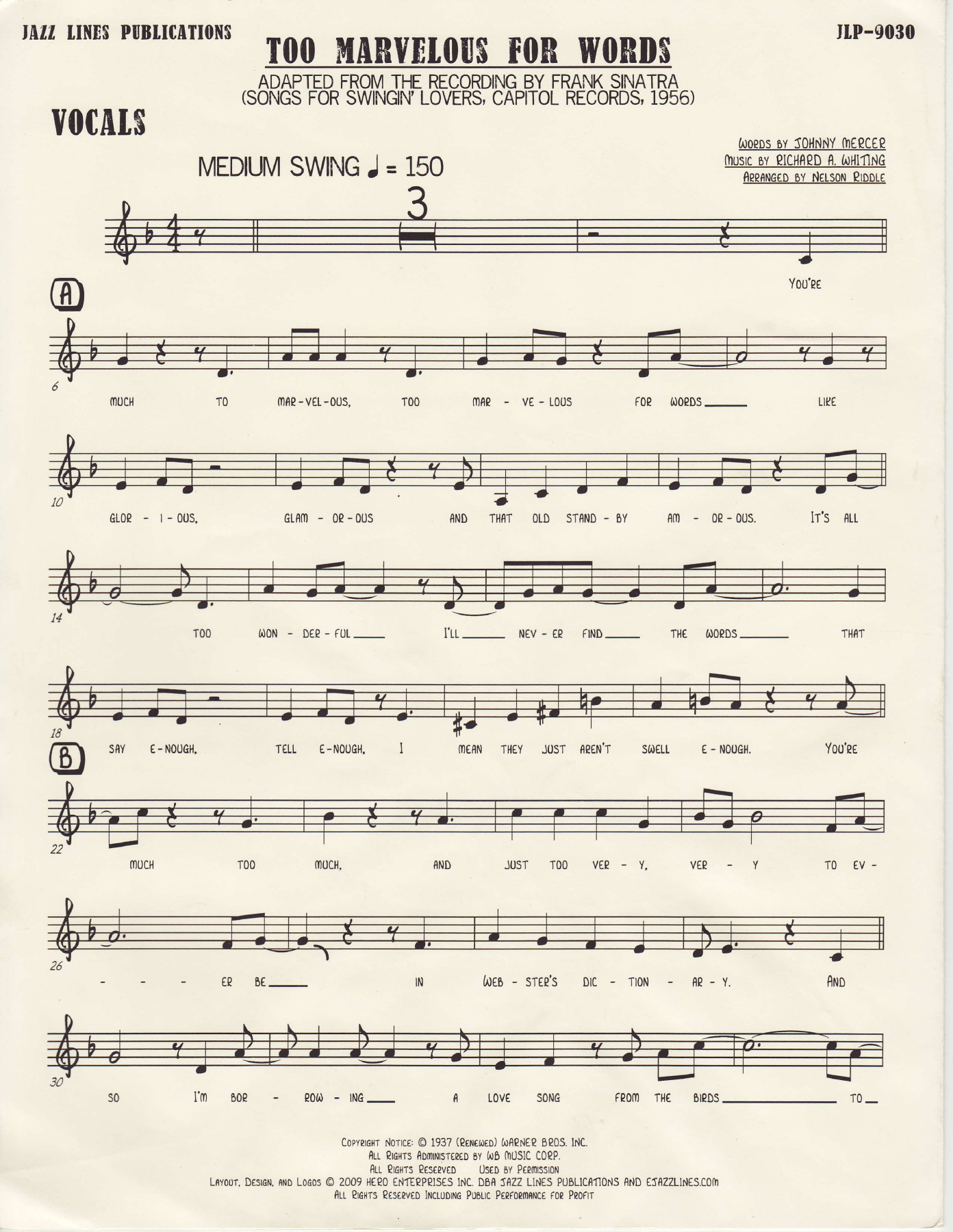 Too Marvelous for Words — sheet music cover (first page)