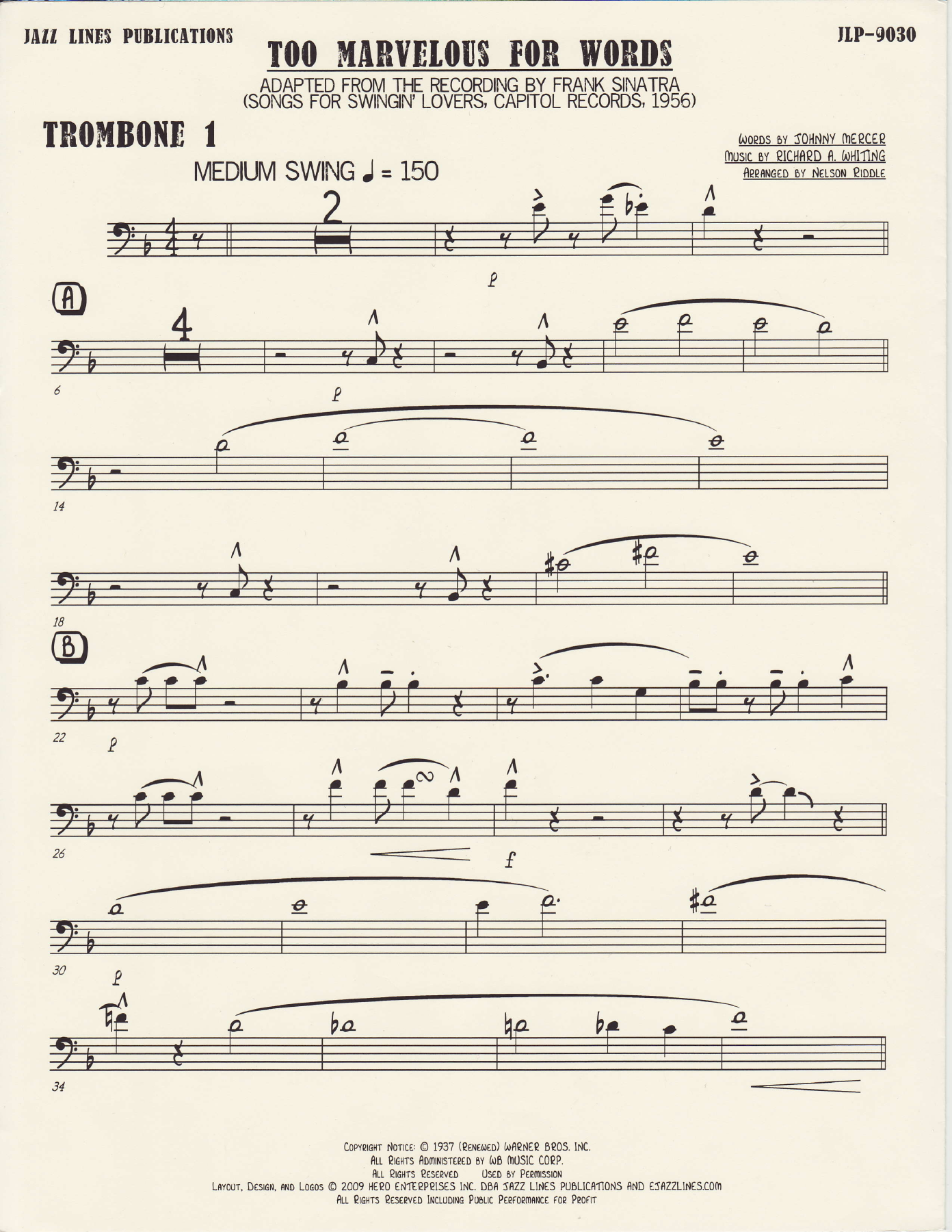 Too Marvelous for Words - Trombone 1 — big_band_vocal sheet music arranged by Mr. X | Jazz Standard