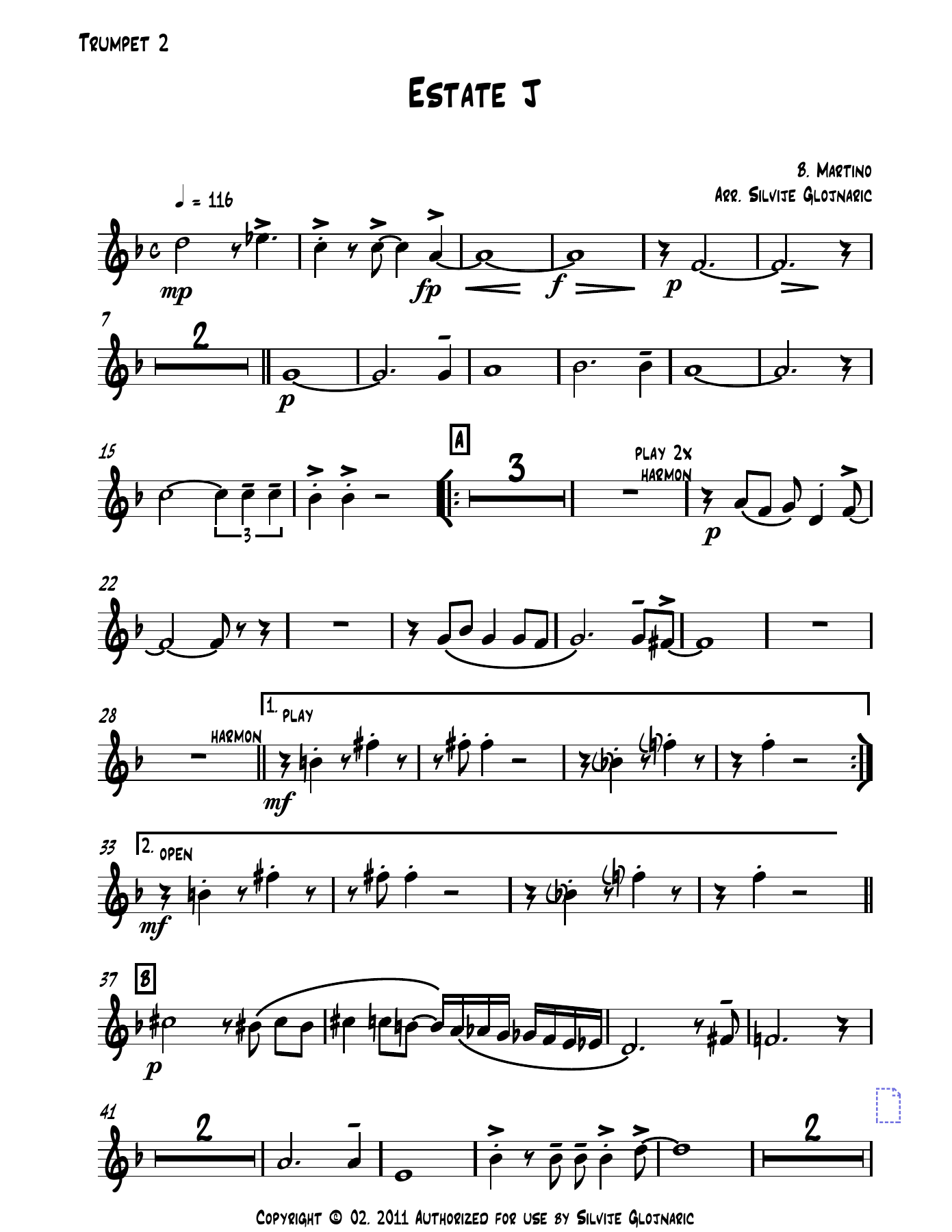 Estate J 01 Trumpet — big_band_vocal sheet music arranged by Mr. X | Bossa Nova